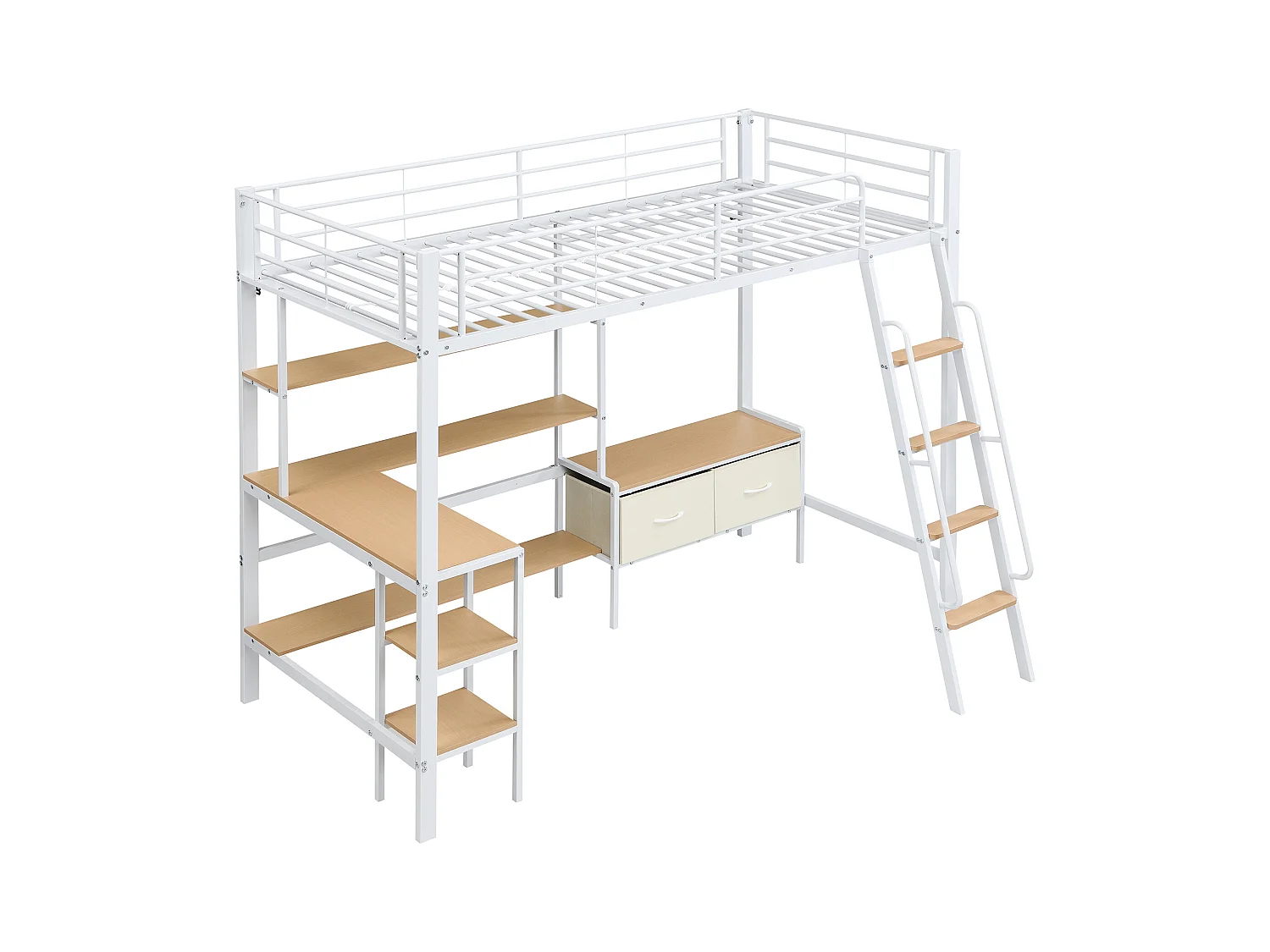 Lit mezzanine 90x200 cm - avec bureau et étagère de rangement - avec cintre et 2 boîtes de rangement - Métal + MDF - Blanc + Naturel