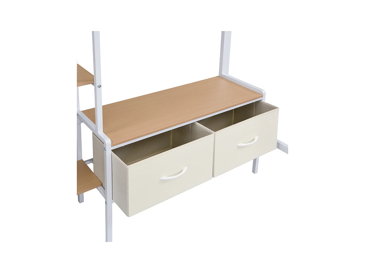 Lit mezzanine 90x200 cm - avec bureau et étagère de rangement - avec cintre et 2 boîtes de rangement - Métal + MDF - Blanc + Naturel