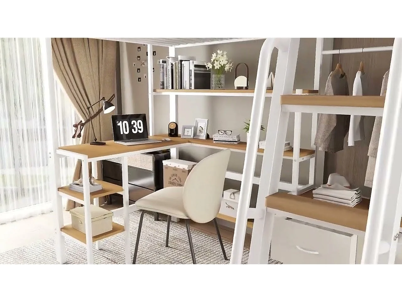 Lit mezzanine 90x200 cm - avec bureau et étagère de rangement - avec cintre et 2 boîtes de rangement - Métal + MDF - Blanc + Naturel