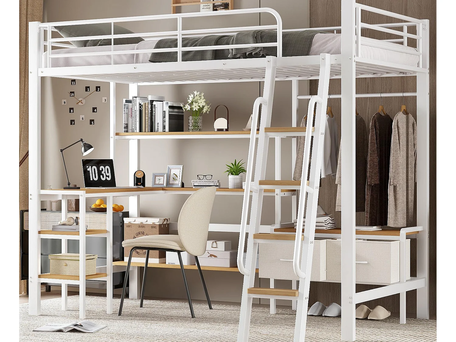 Lit mezzanine 90x200 cm - avec bureau et étagère de rangement - avec cintre et 2 boîtes de rangement - Métal + MDF - Blanc + Naturel