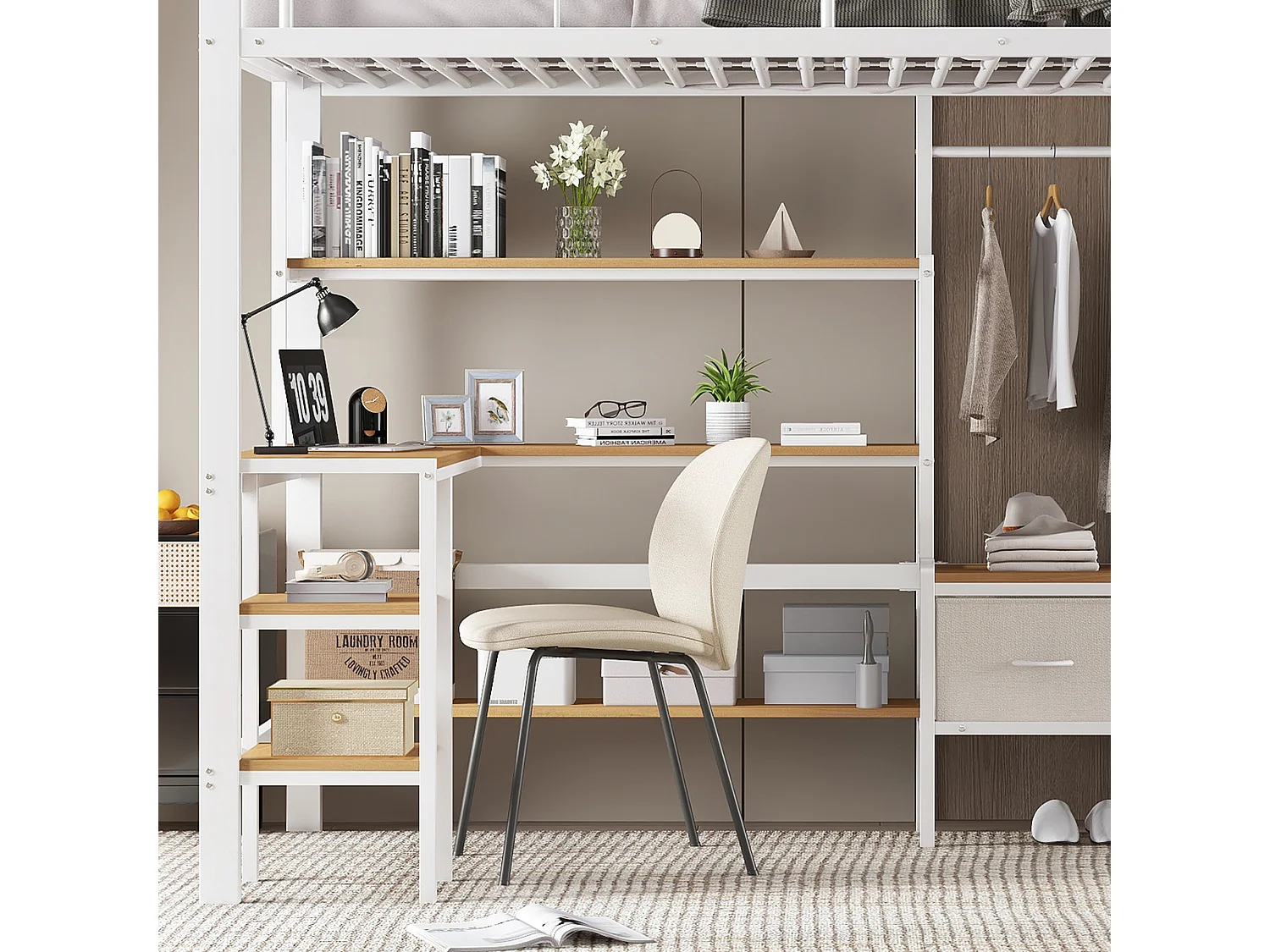 Lit mezzanine 90x200 cm - avec bureau et étagère de rangement - avec cintre et 2 boîtes de rangement - Métal + MDF - Blanc + Naturel