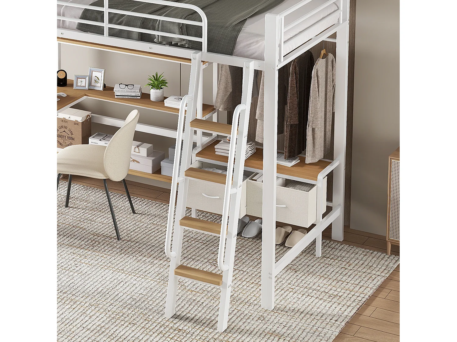 Lit mezzanine 90x200 cm - avec bureau et étagère de rangement - avec cintre et 2 boîtes de rangement - Métal + MDF - Blanc + Naturel