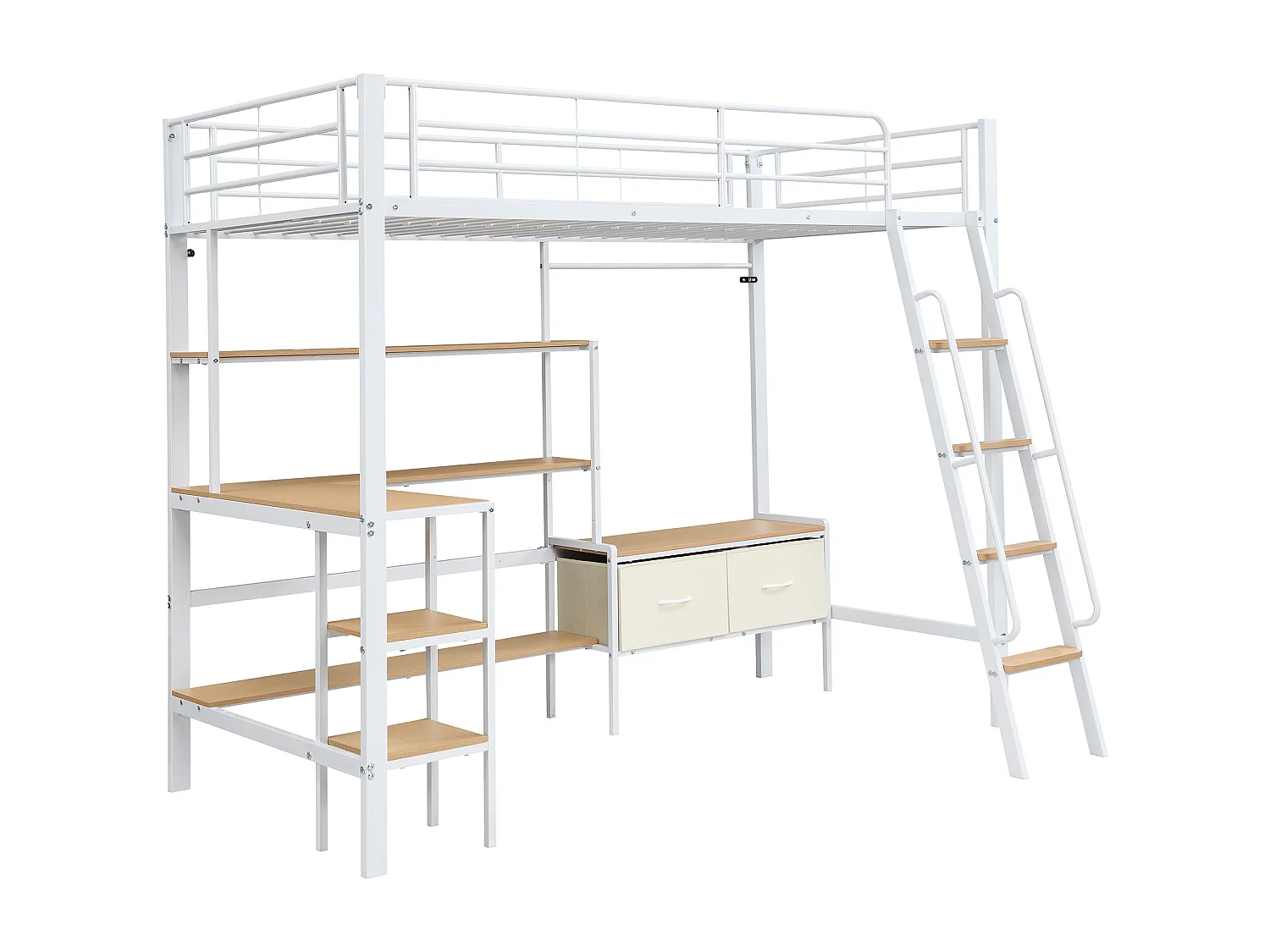 Lit mezzanine 90x200 cm - avec bureau et étagère de rangement - avec cintre et 2 boîtes de rangement - Métal + MDF - Blanc + Naturel