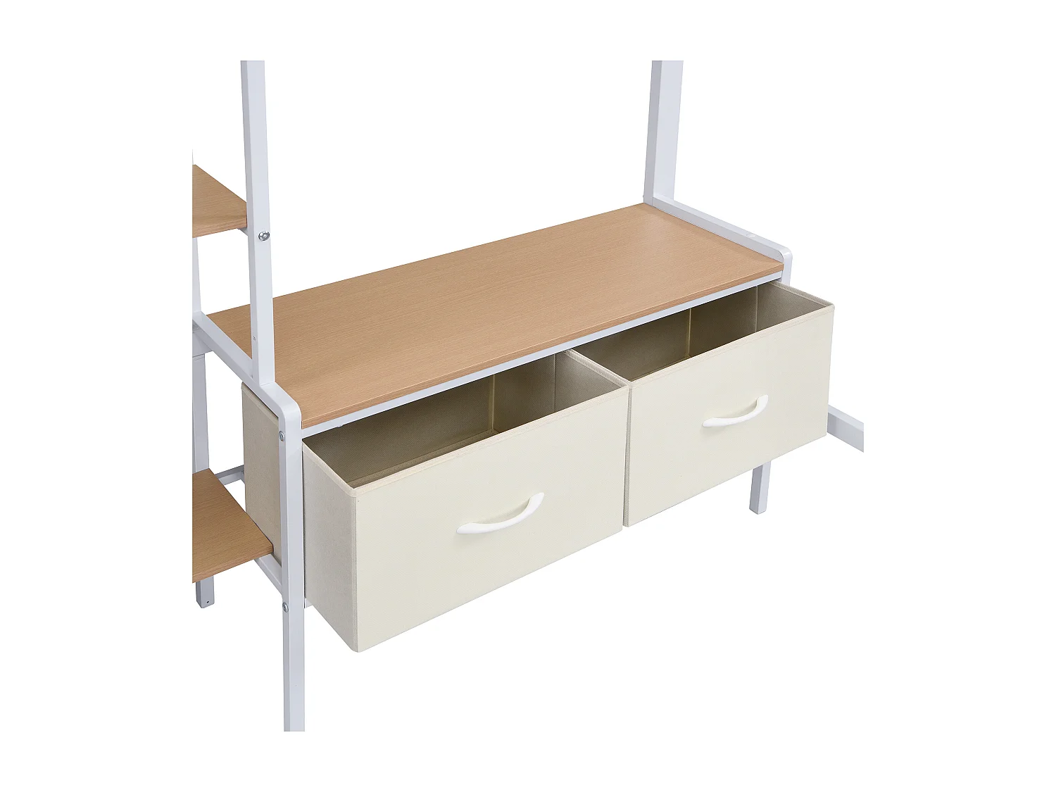 Lit mezzanine 90x200 cm - avec bureau et étagère de rangement - avec cintre et 2 boîtes de rangement - Métal + MDF - Blanc + Naturel