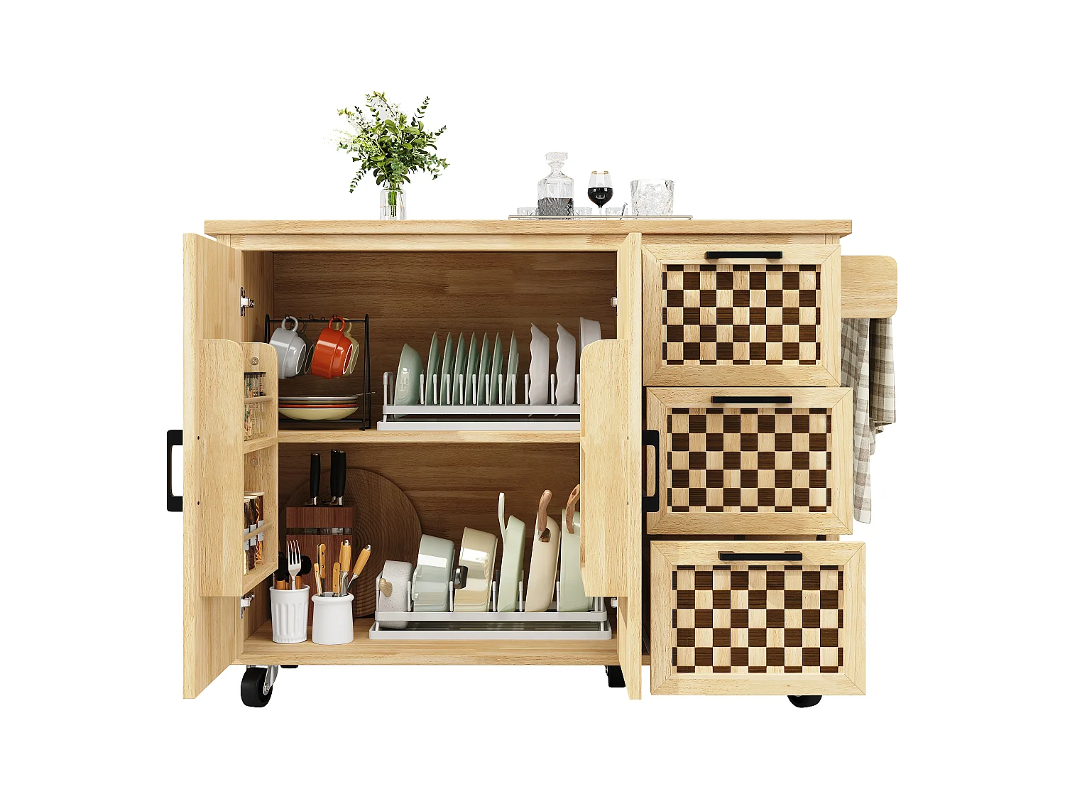 Îlot central extensible avec roulettes avec 2 portes + 3 tiroirs - 120 x 45 (75) x 92 cm - MDF + métal - naturel