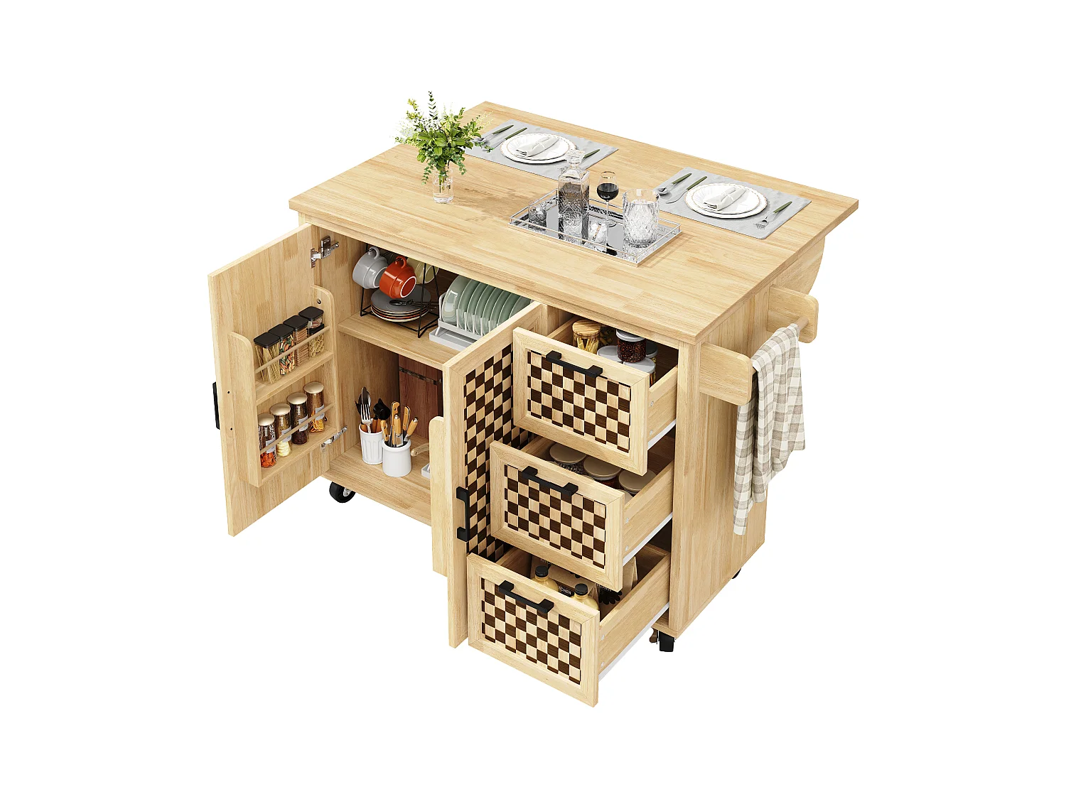 Îlot central extensible avec roulettes avec 2 portes + 3 tiroirs - 120 x 45 (75) x 92 cm - MDF + métal - naturel