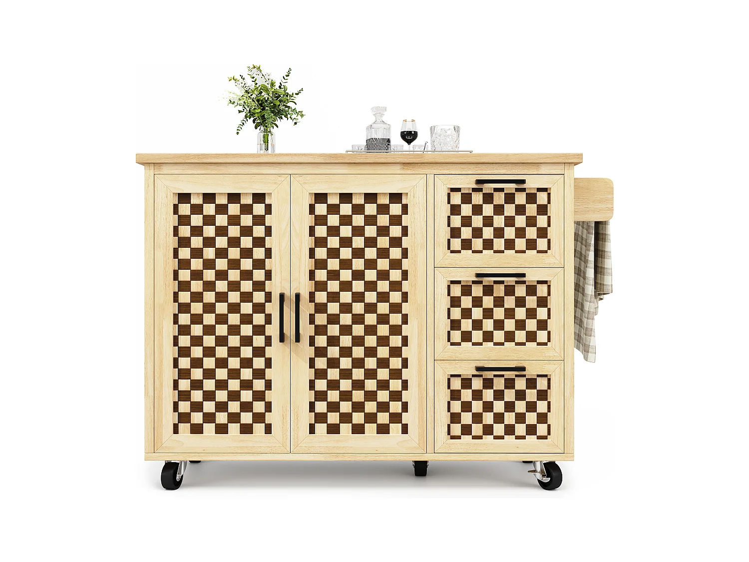 Îlot central extensible avec roulettes avec 2 portes + 3 tiroirs - 120 x 45 (75) x 92 cm - MDF + métal - naturel