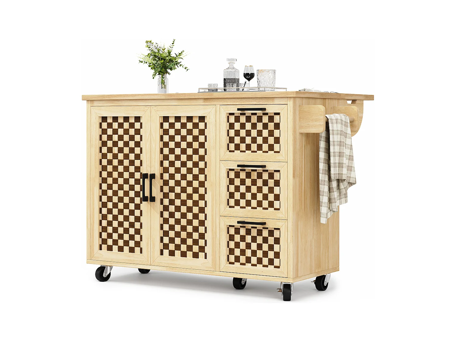 Îlot central extensible avec roulettes avec 2 portes + 3 tiroirs - 120 x 45 (75) x 92 cm - MDF + métal - naturel