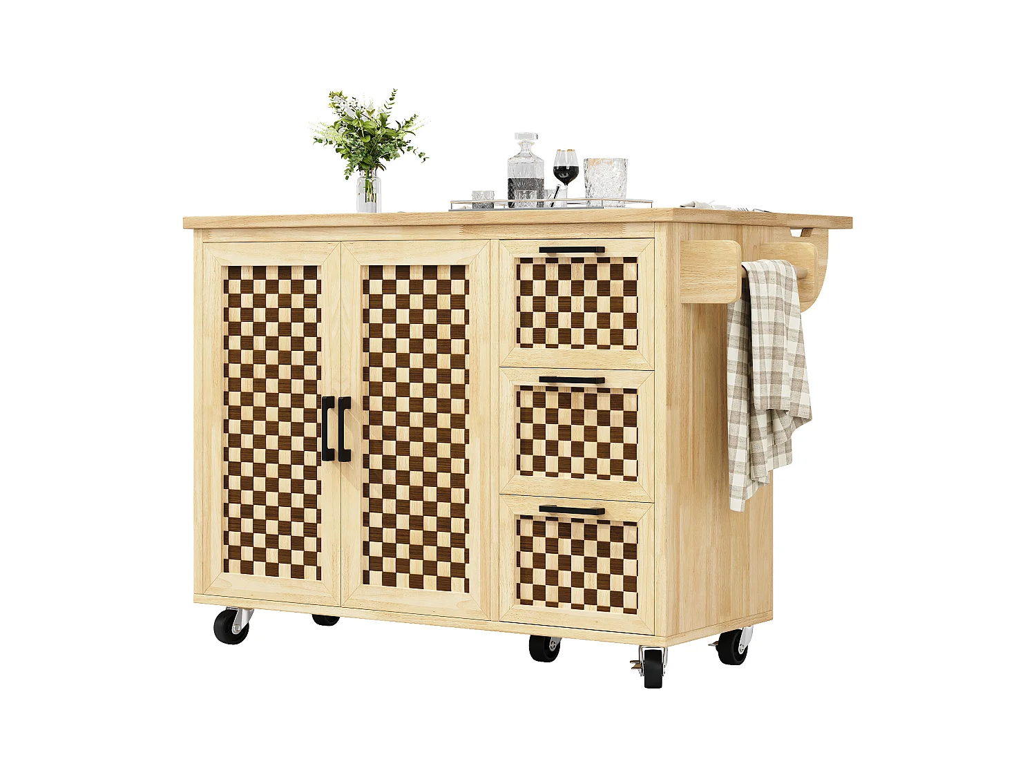 Îlot central extensible avec roulettes avec 2 portes + 3 tiroirs - 120 x 45 (75) x 92 cm - MDF + métal - naturel