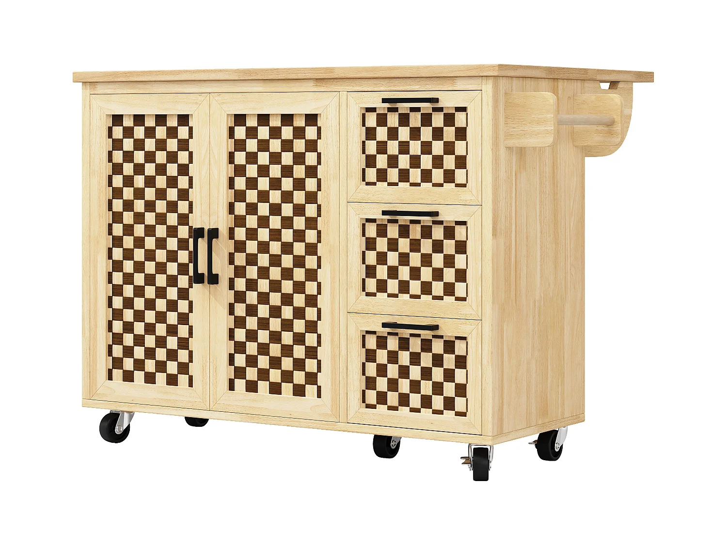 Îlot central extensible avec roulettes avec 2 portes + 3 tiroirs - 120 x 45 (75) x 92 cm - MDF + métal - naturel