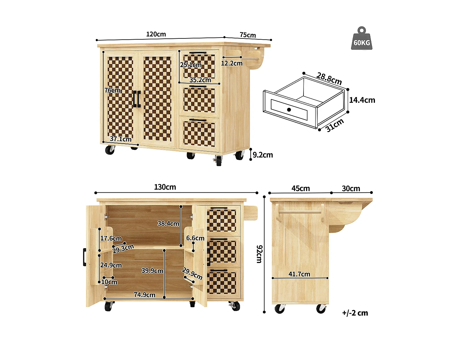Îlot central extensible avec roulettes avec 2 portes + 3 tiroirs - 120 x 45 (75) x 92 cm - MDF + métal - naturel