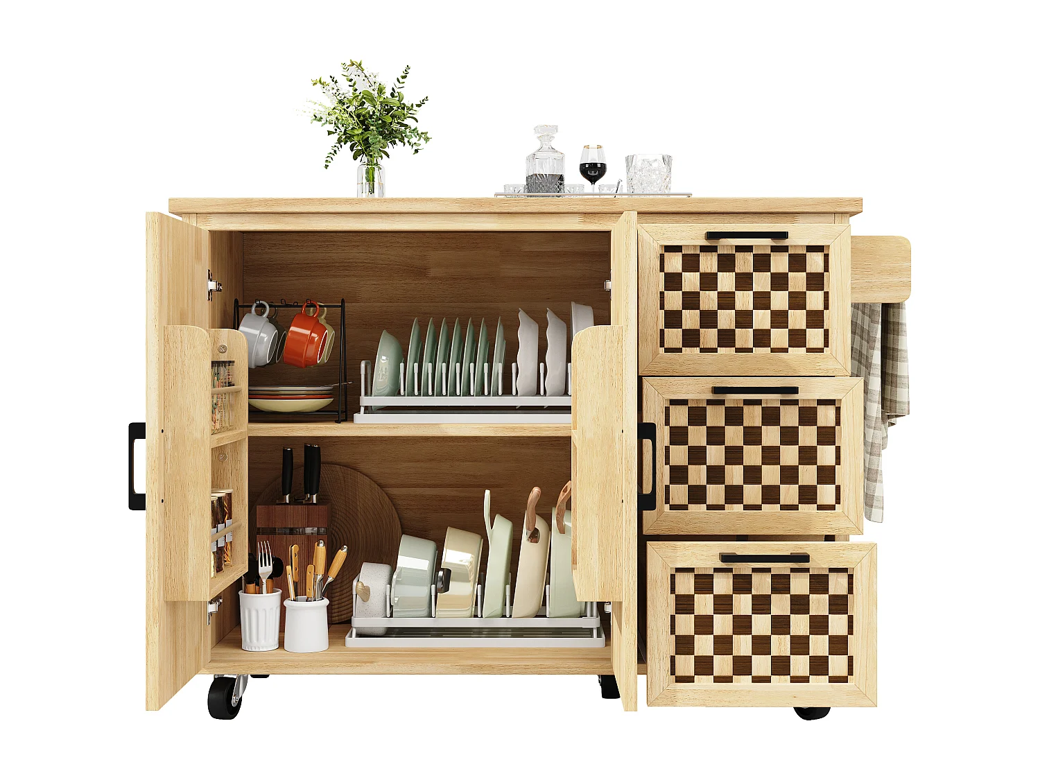 Îlot central extensible avec roulettes avec 2 portes + 3 tiroirs - 120 x 45 (75) x 92 cm - MDF + métal - naturel