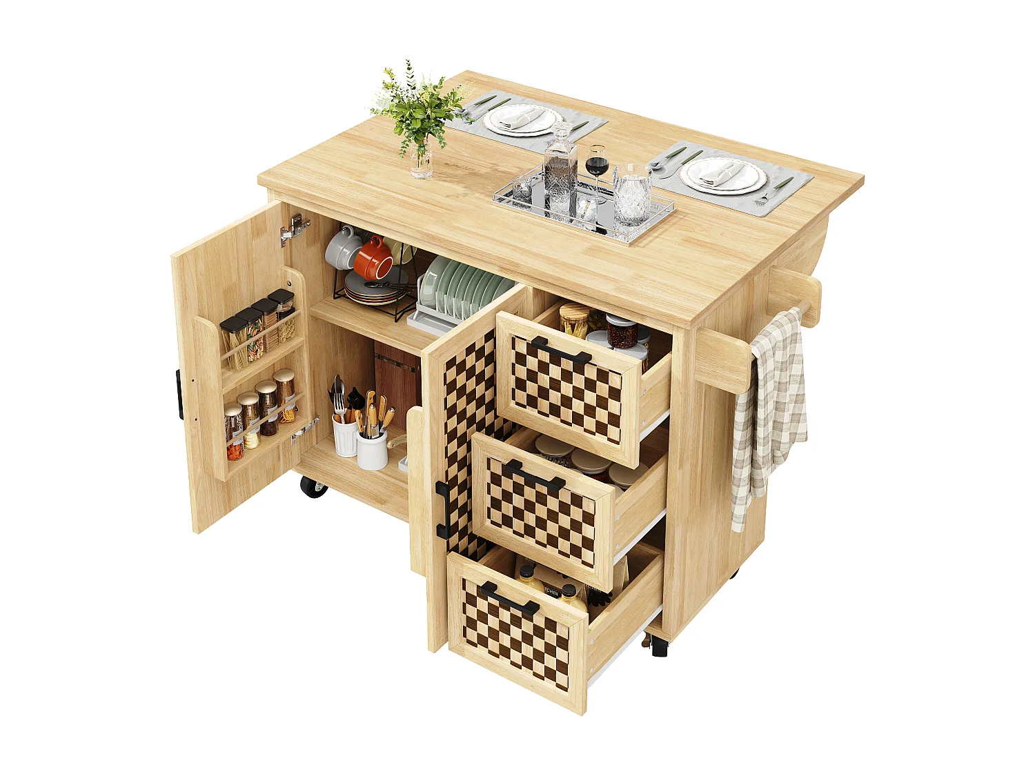 Îlot central extensible avec roulettes avec 2 portes + 3 tiroirs - 120 x 45 (75) x 92 cm - MDF + métal - naturel