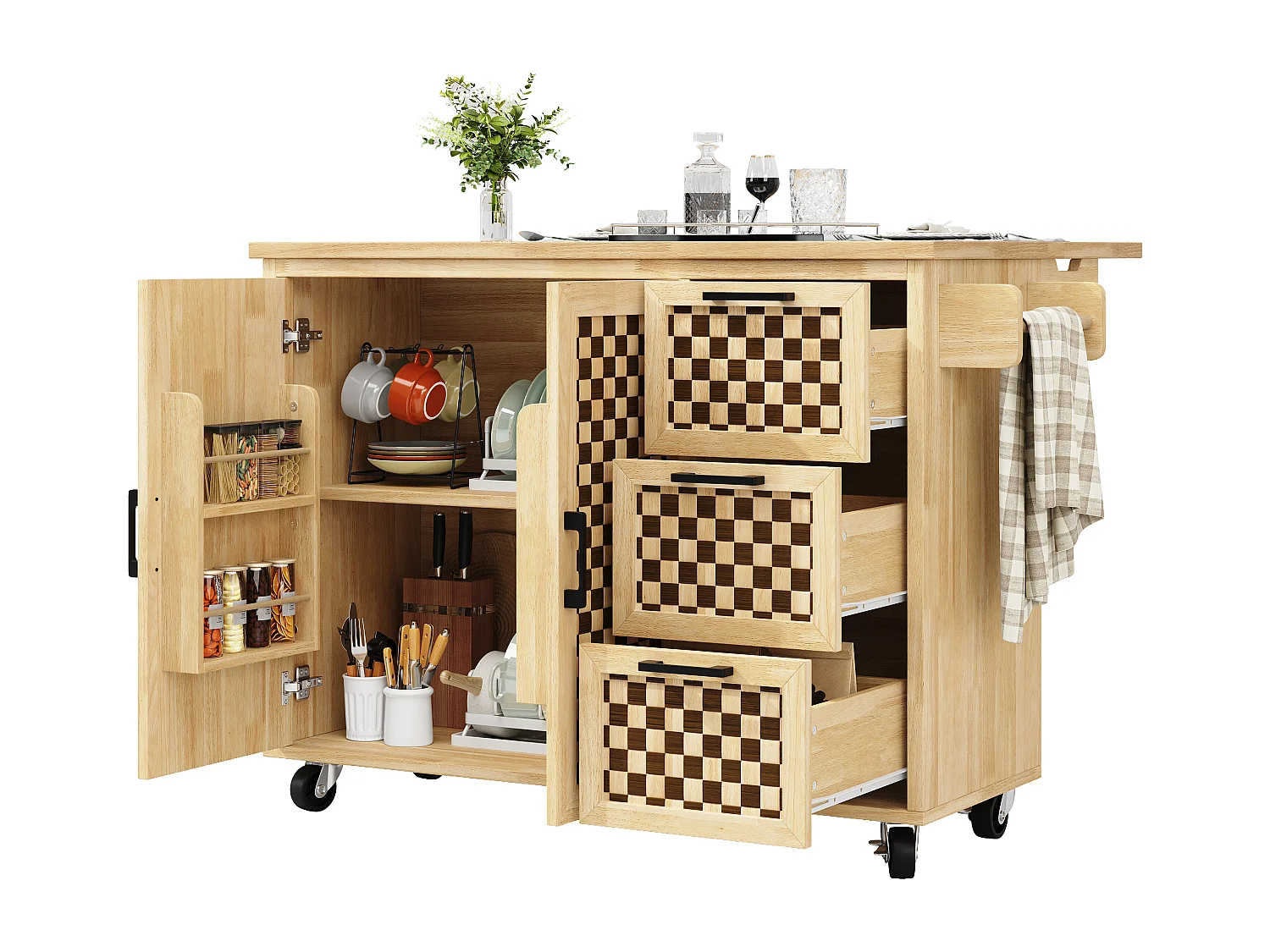 Îlot central extensible avec roulettes avec 2 portes + 3 tiroirs - 120 x 45 (75) x 92 cm - MDF + métal - naturel