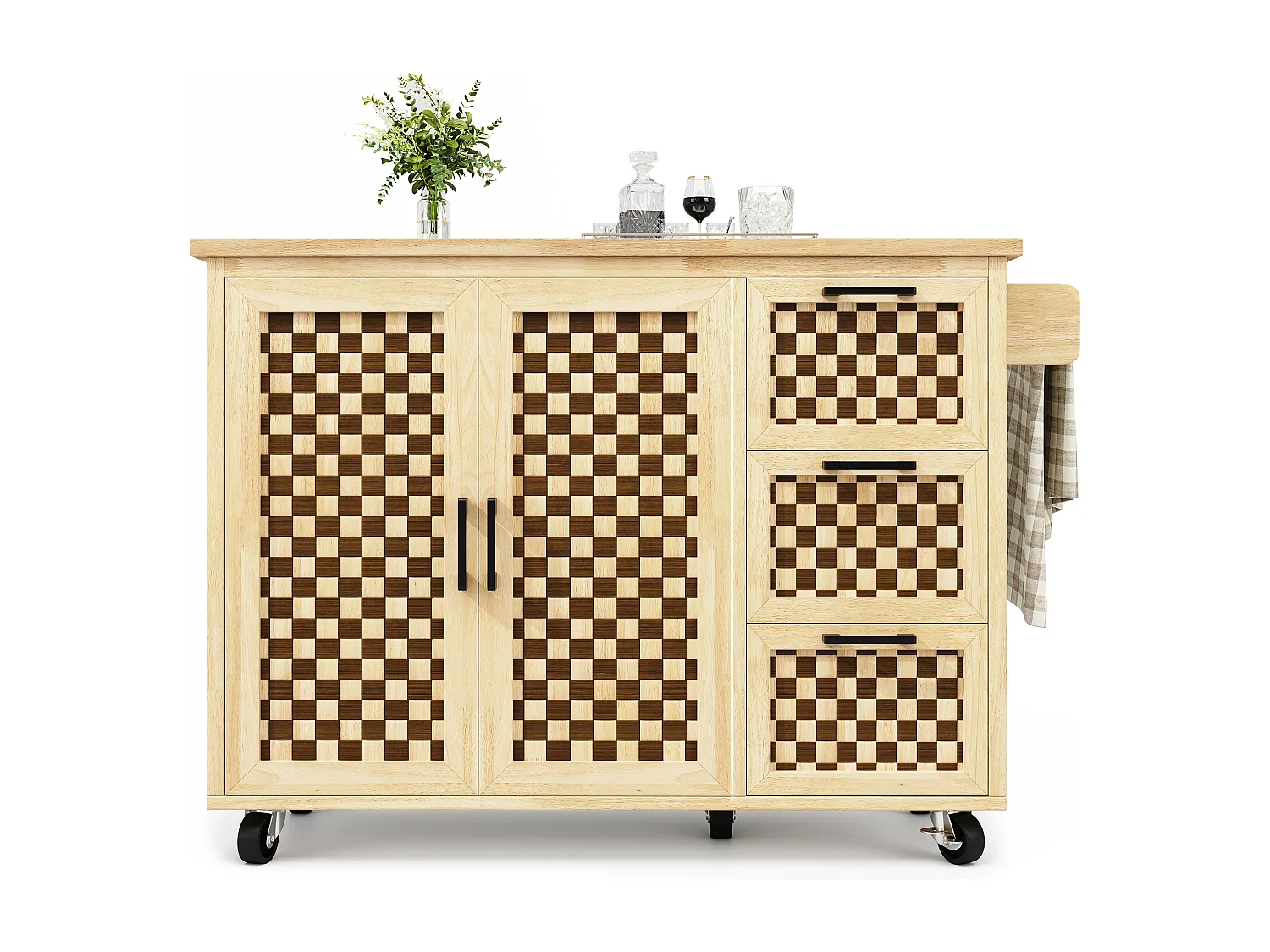 Îlot central extensible avec roulettes avec 2 portes + 3 tiroirs - 120 x 45 (75) x 92 cm - MDF + métal - naturel