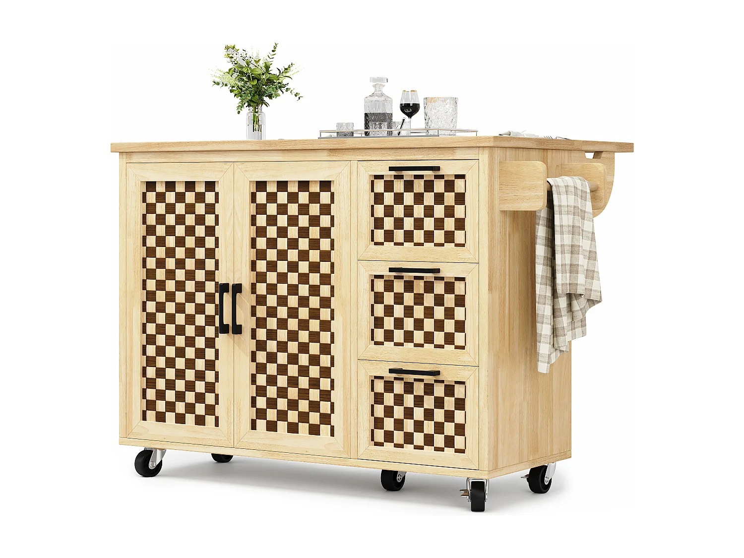 Îlot central extensible avec roulettes avec 2 portes + 3 tiroirs - 120 x 45 (75) x 92 cm - MDF + métal - naturel