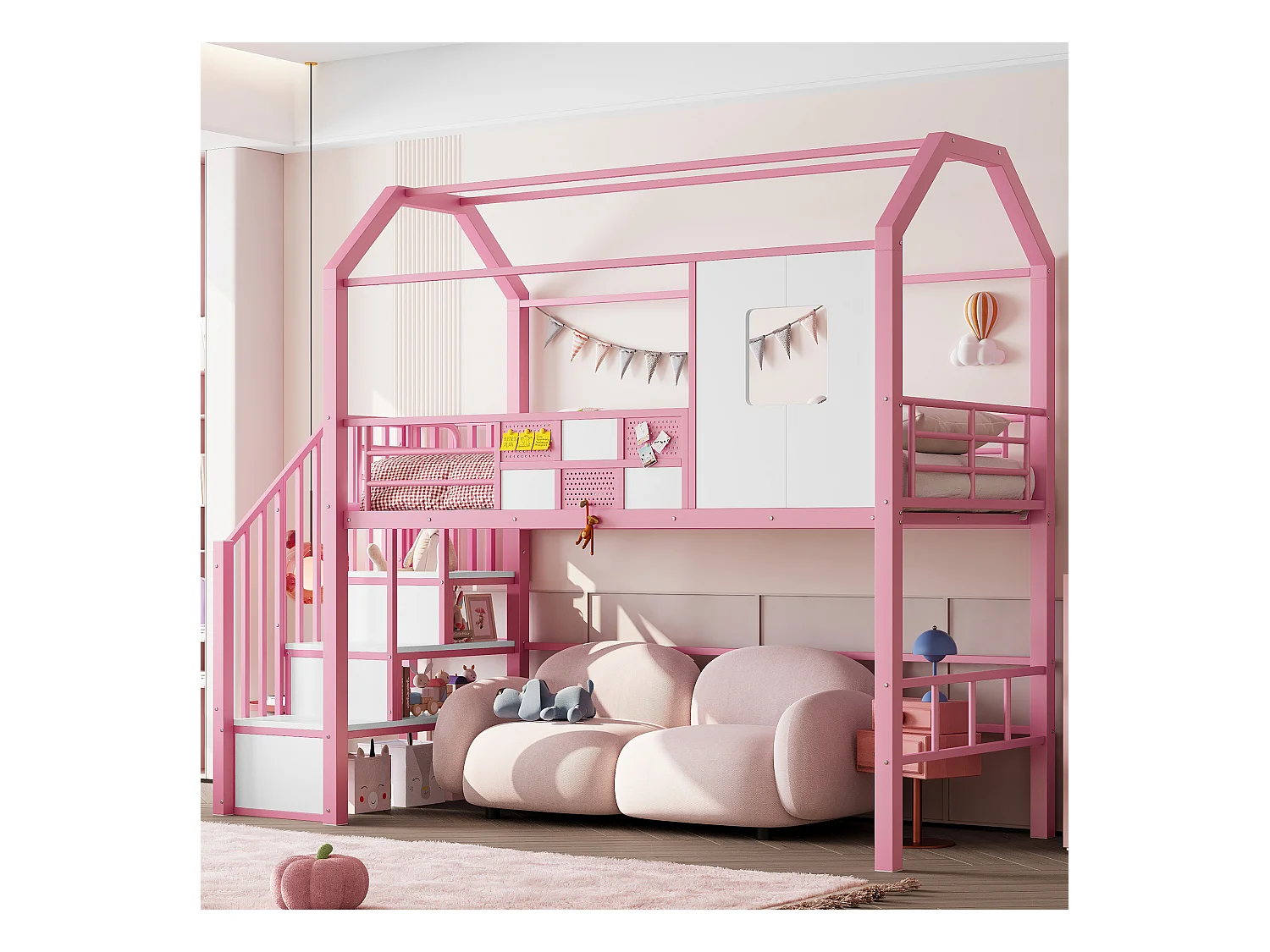 Lit mezzanine en métal - 90 x 200 cm - avec toit et escalier de rangement - MDF + métal - rose