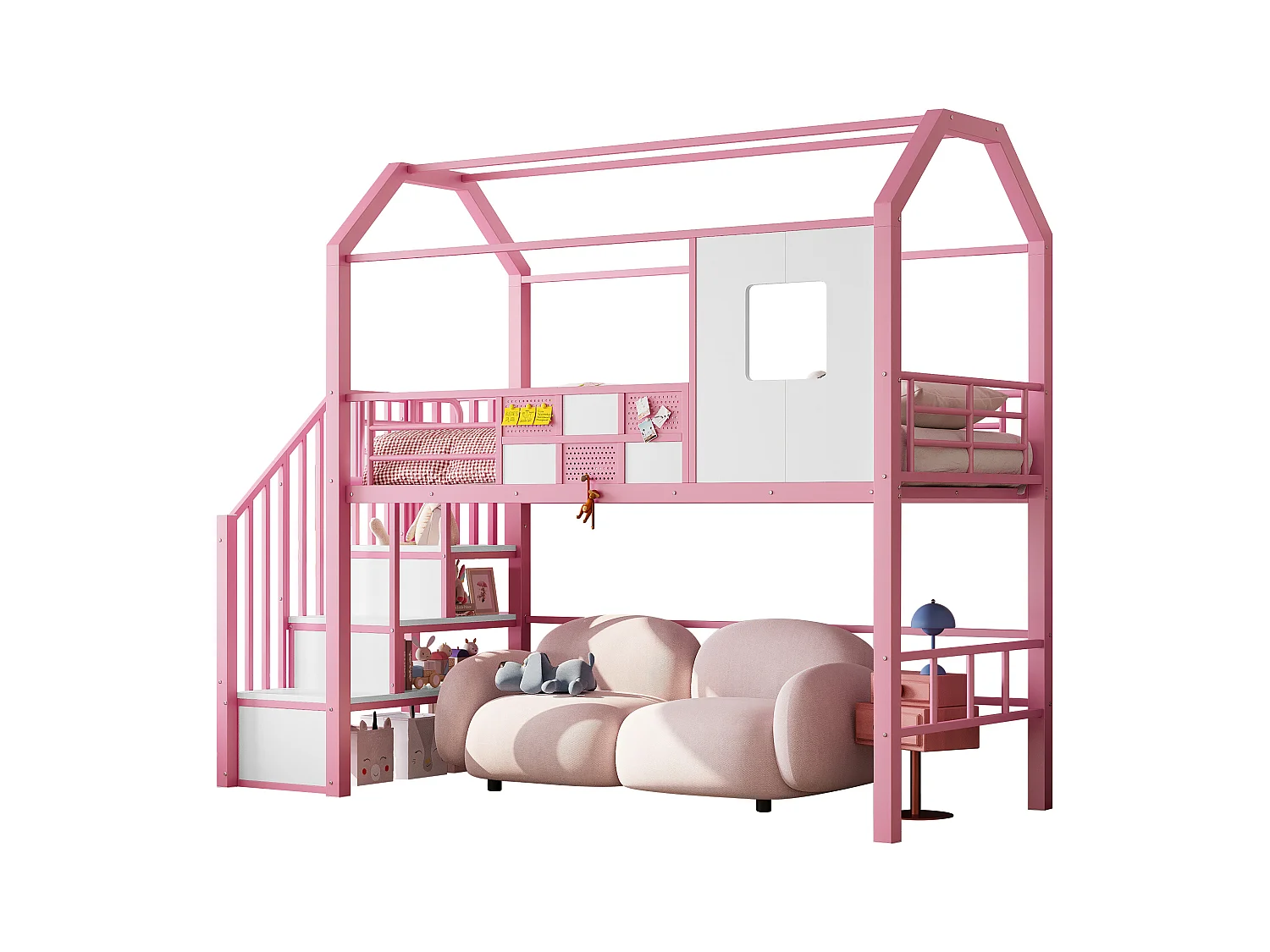 Lit mezzanine en métal - 90 x 200 cm - avec toit et escalier de rangement - MDF + métal - rose