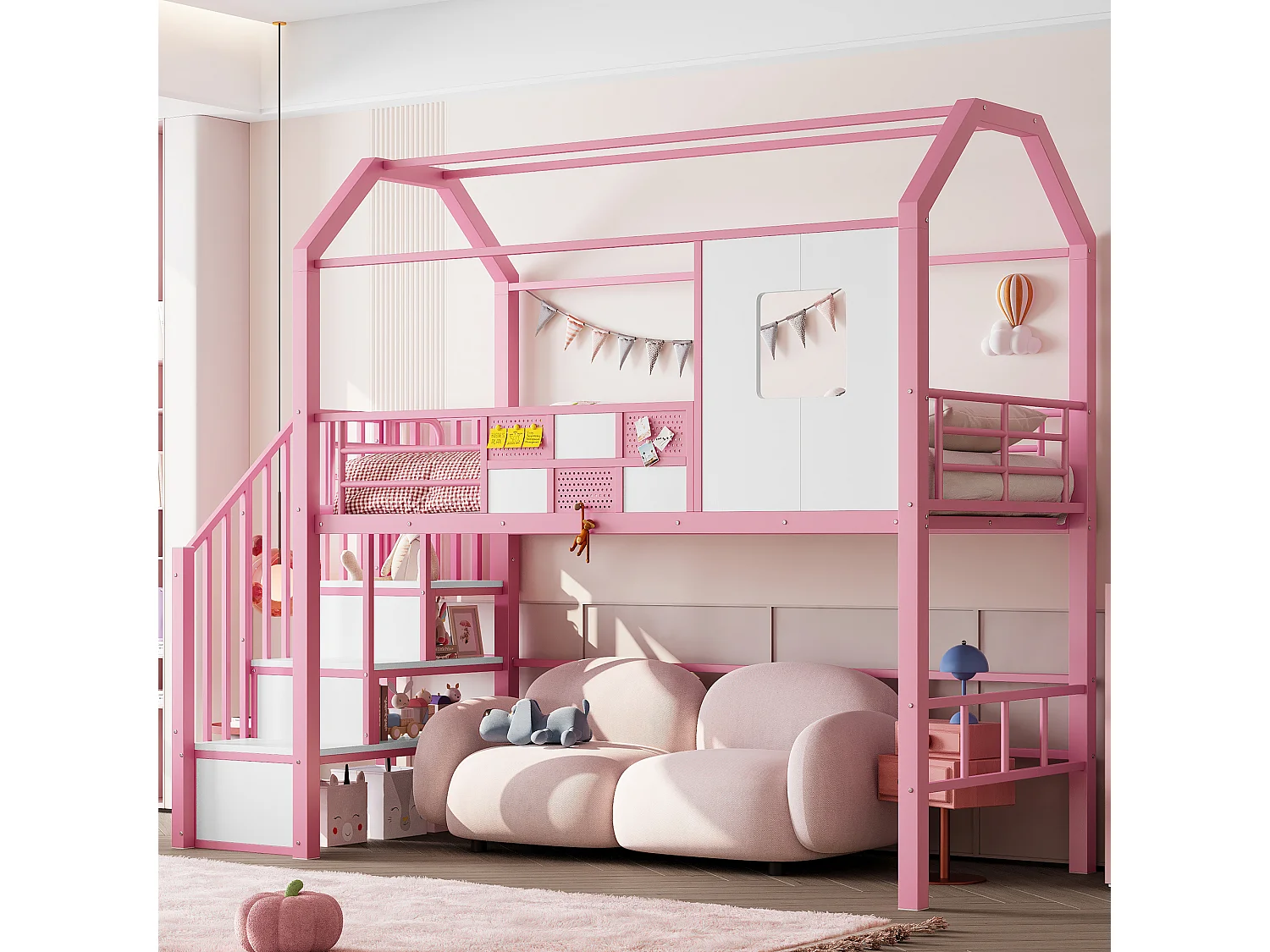 Lit mezzanine en métal - 90 x 200 cm - avec toit et escalier de rangement - MDF + métal - rose