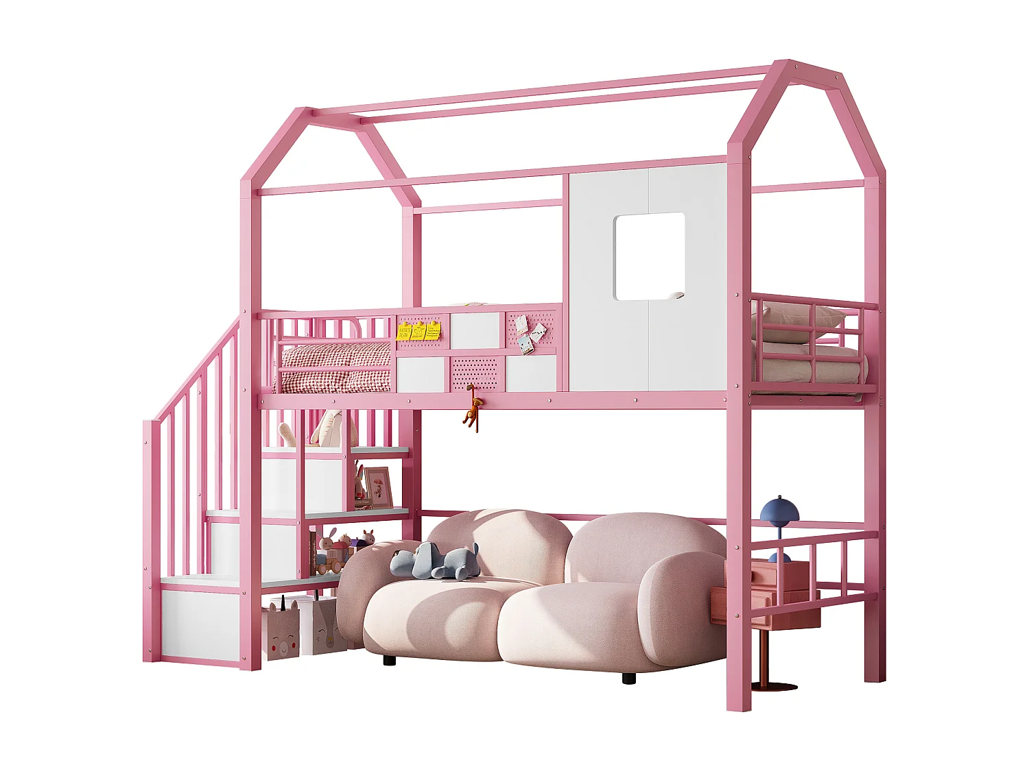 Lit mezzanine en métal - 90 x 200 cm - avec toit et escalier de rangement - MDF + métal - rose