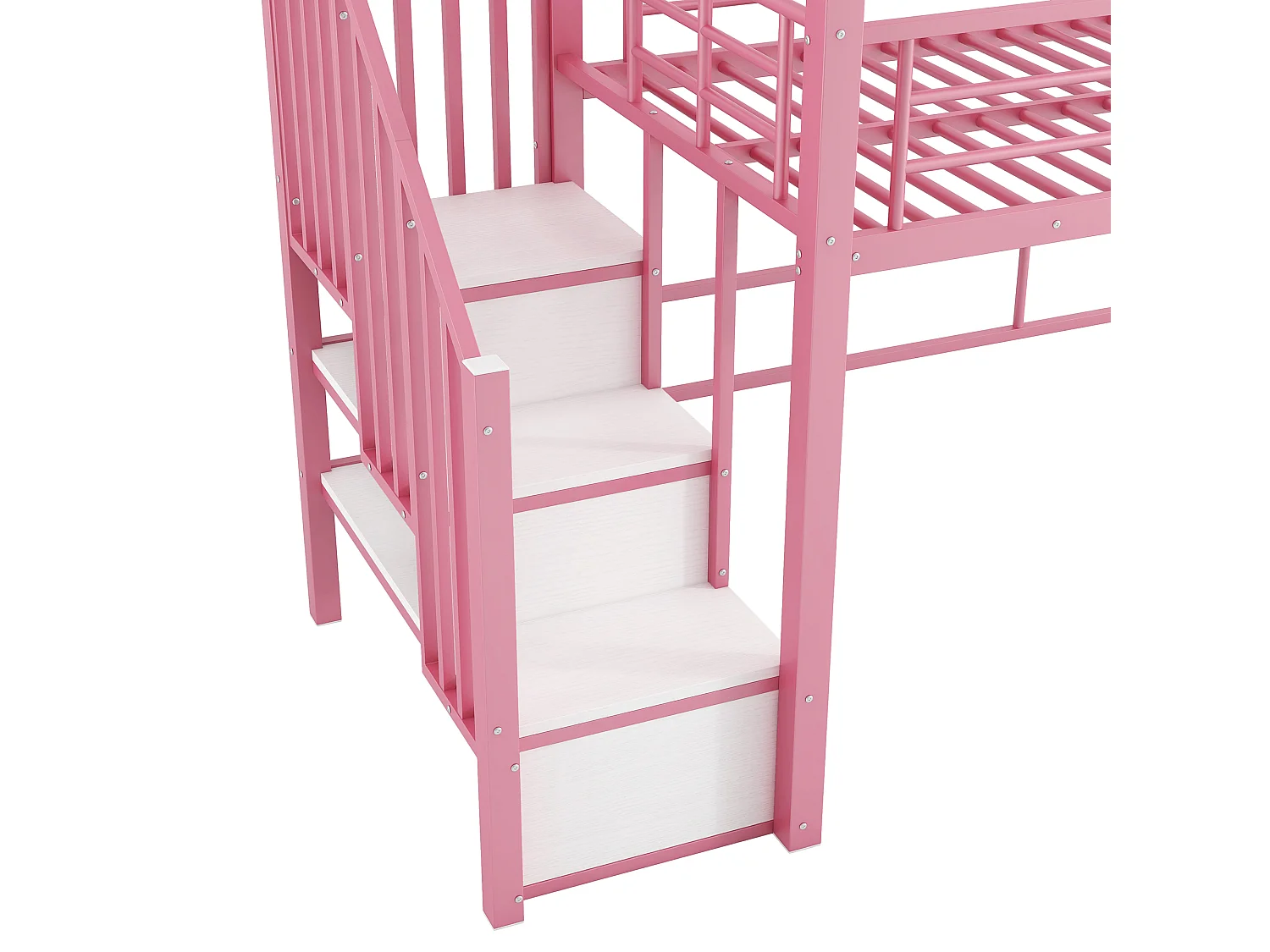 Lit mezzanine en métal - 90 x 200 cm - avec toit et escalier de rangement - MDF + métal - rose