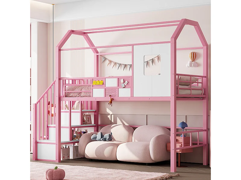 Lit mezzanine en métal - 90 x 200 cm - avec toit et escalier de rangement - MDF + métal - rose