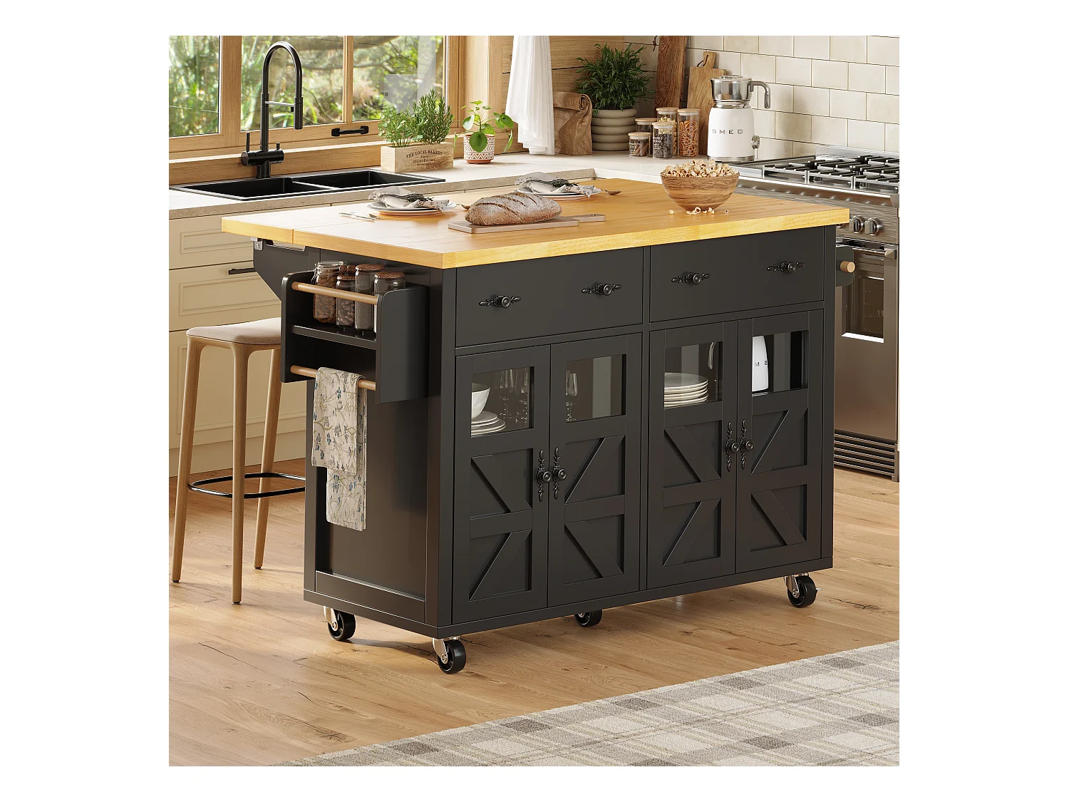 Îlot central extensible à roulettes - 140 x 73(45)x 93.5 cm - avec 4 portes + 2 tiroirs - MDF - noir