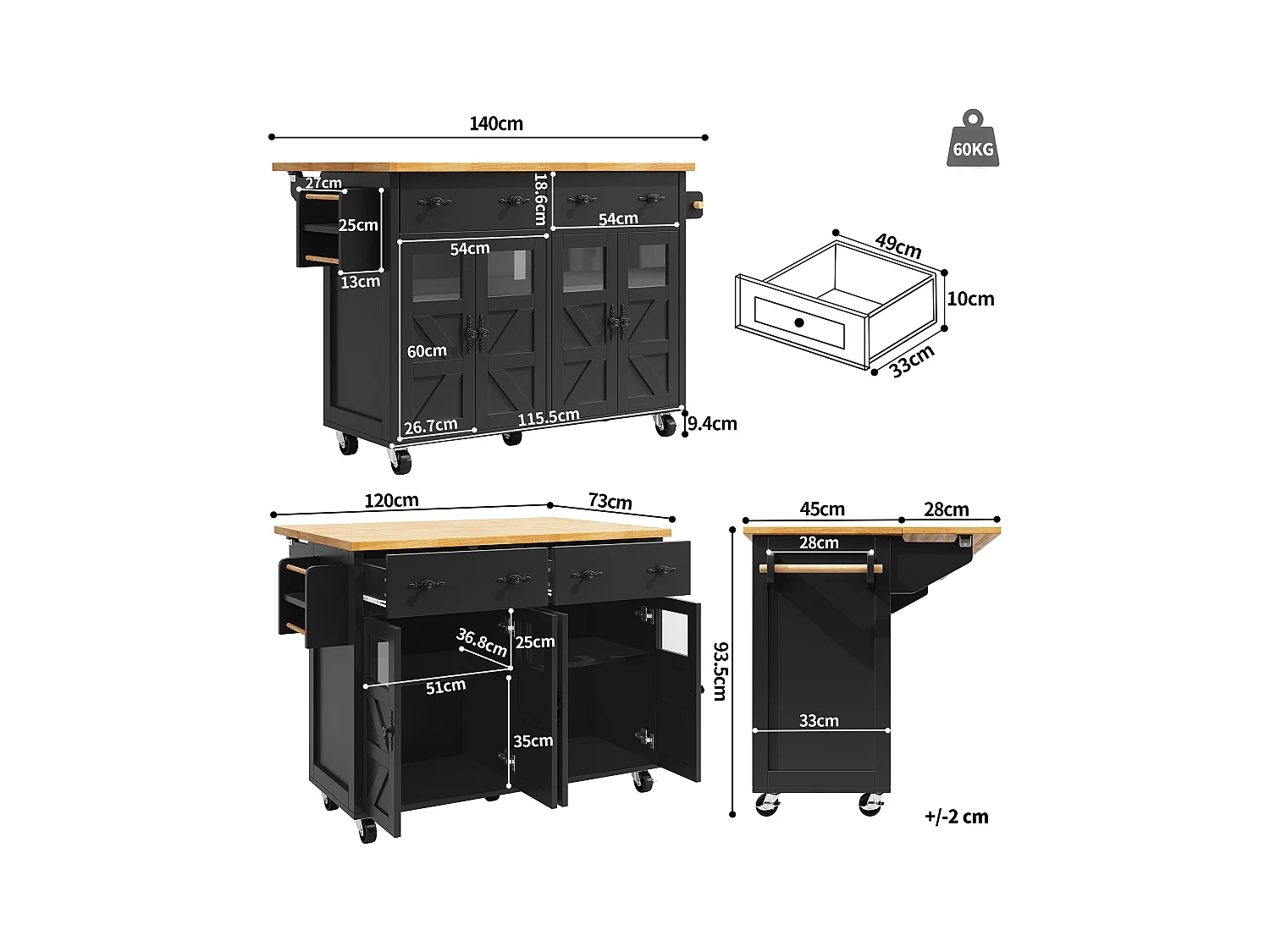 Îlot central extensible à roulettes - 140 x 73(45)x 93.5 cm - avec 4 portes + 2 tiroirs - MDF - noir