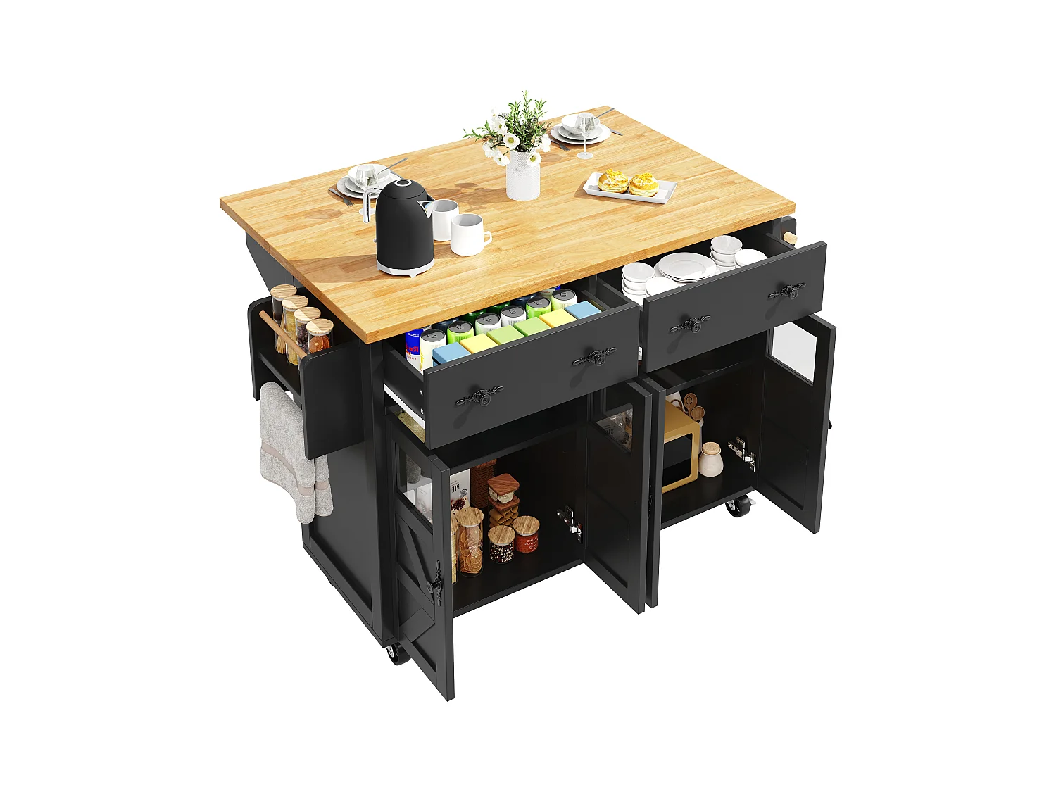 Îlot central extensible à roulettes - 140 x 73(45)x 93.5 cm - avec 4 portes + 2 tiroirs - MDF - noir