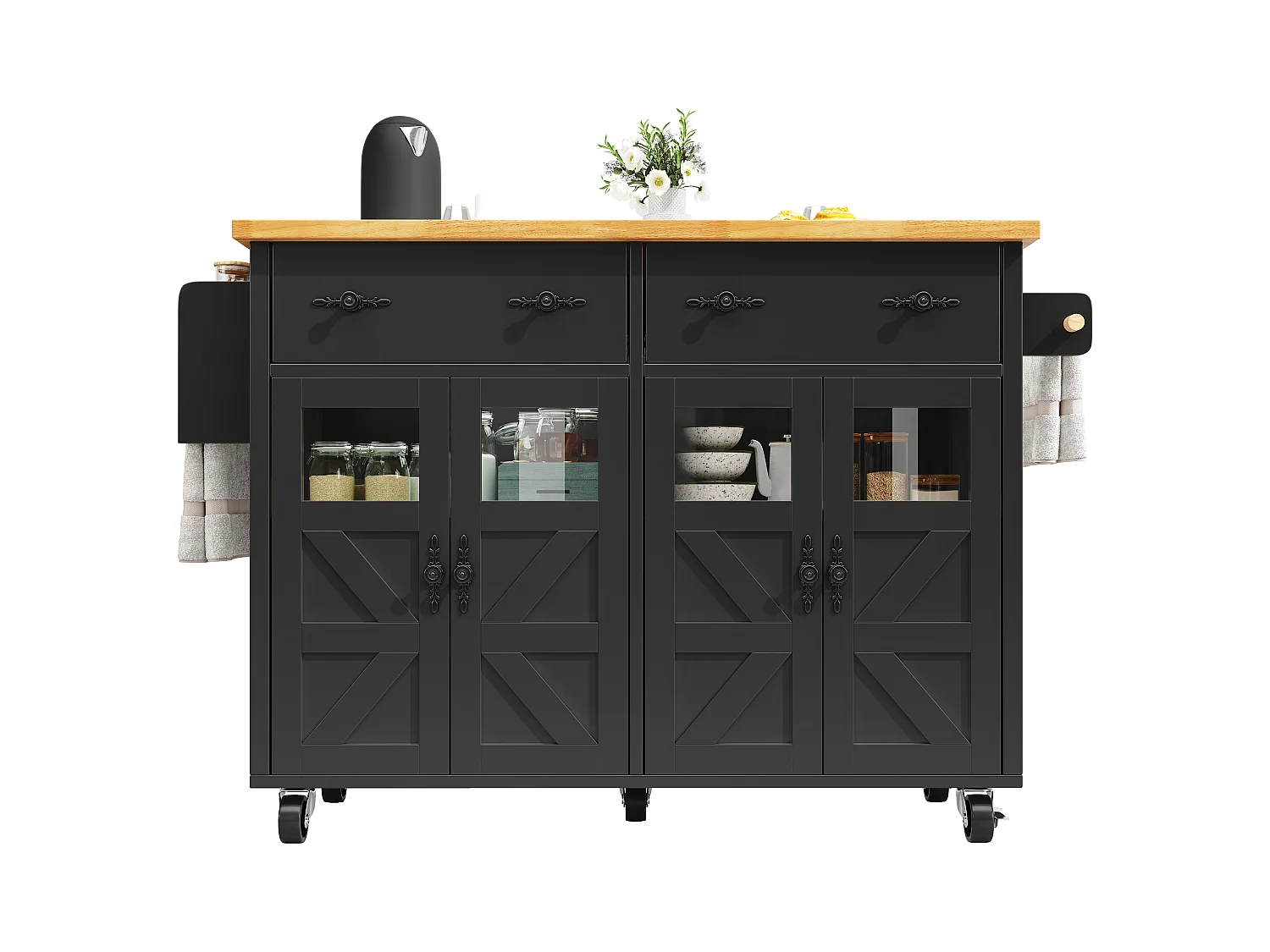 Îlot central extensible à roulettes - 140 x 73(45)x 93.5 cm - avec 4 portes + 2 tiroirs - MDF - noir