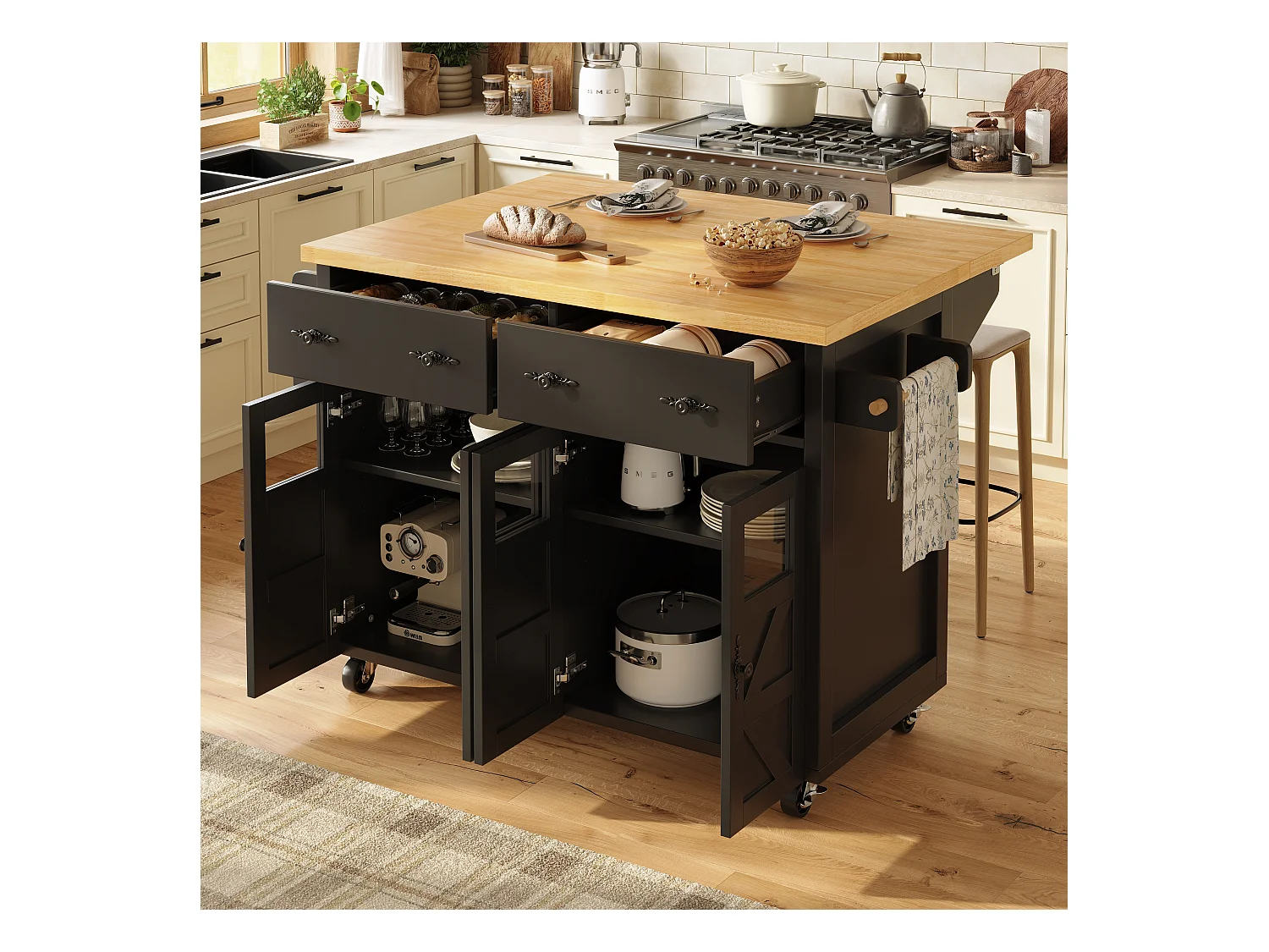 Îlot central extensible à roulettes - 140 x 73(45)x 93.5 cm - avec 4 portes + 2 tiroirs - MDF - noir
