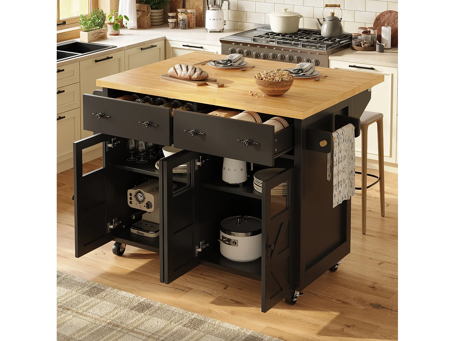 Îlot central extensible à roulettes - 140 x 73(45)x 93.5 cm - avec 4 portes + 2 tiroirs - MDF - noir