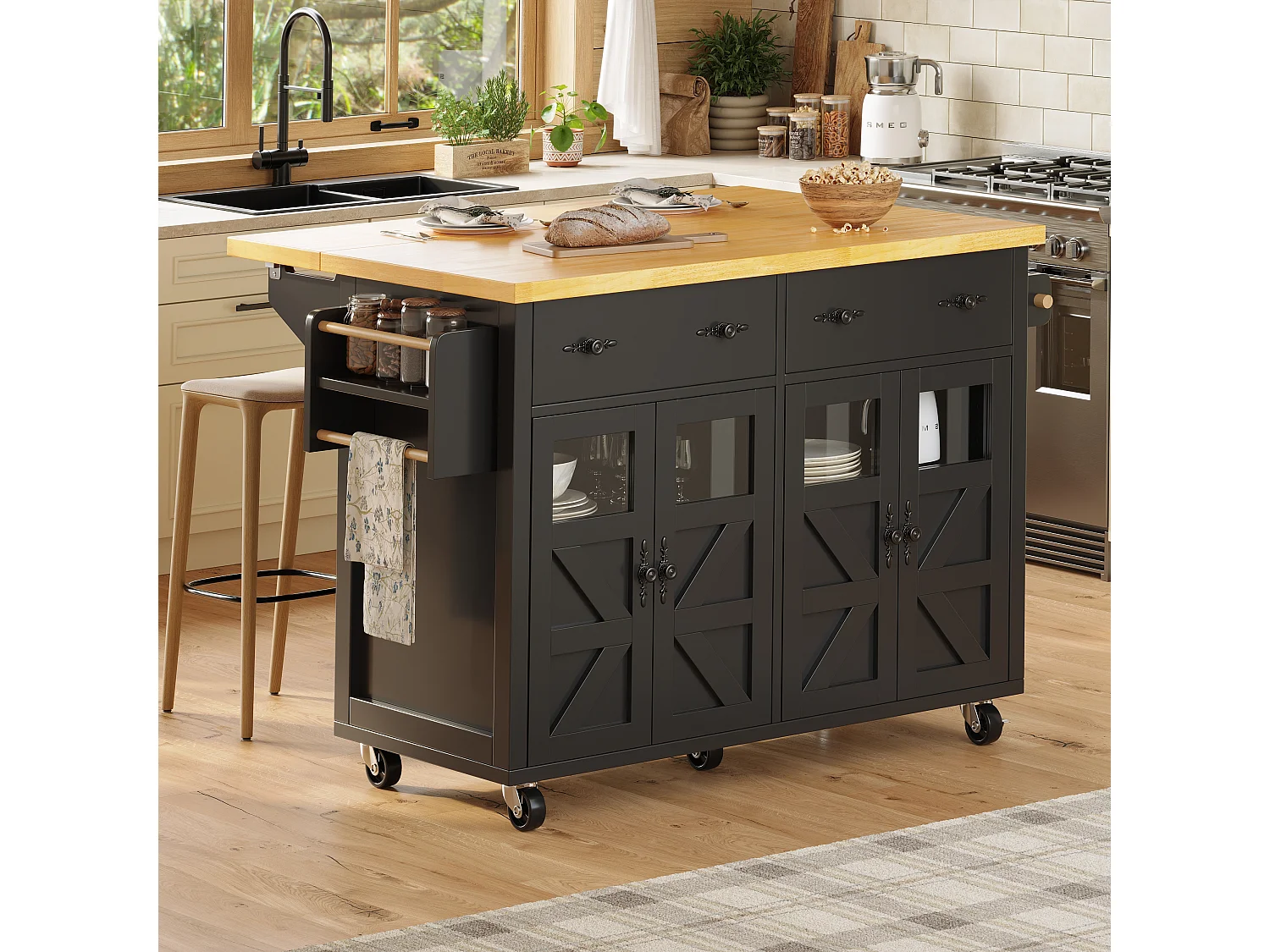 Îlot central extensible à roulettes - 140 x 73(45)x 93.5 cm - avec 4 portes + 2 tiroirs - MDF - noir