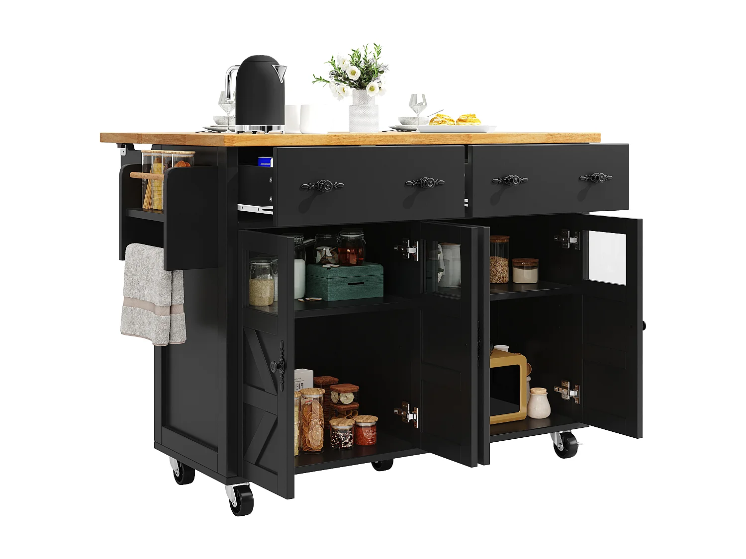 Îlot central extensible à roulettes - 140 x 73(45)x 93.5 cm - avec 4 portes + 2 tiroirs - MDF - noir