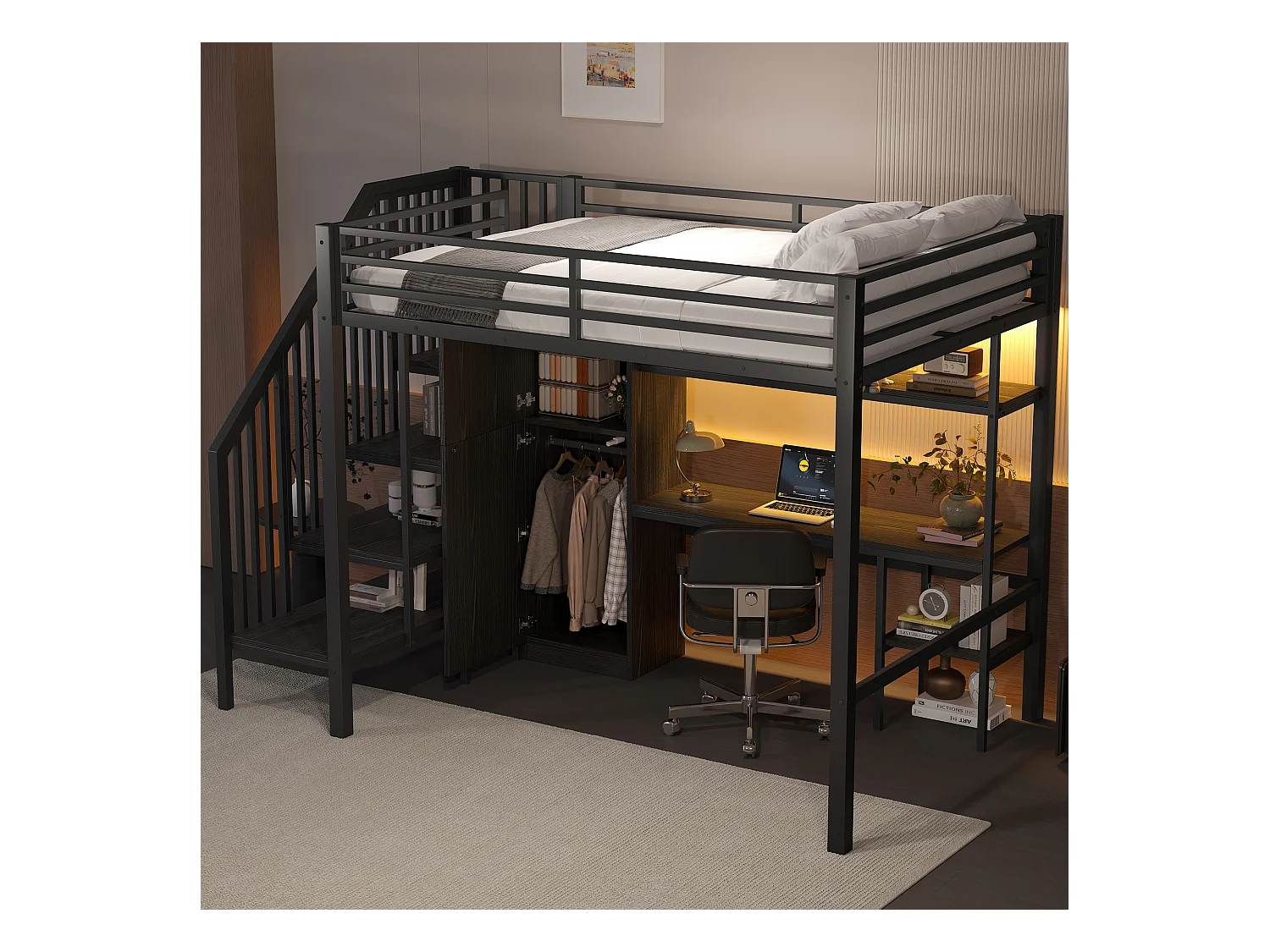 Lit mezzanine en métal - 140 x 200 cm - avec bureau + étagère + penderie + escalier de rangement - MDF + métal - noir