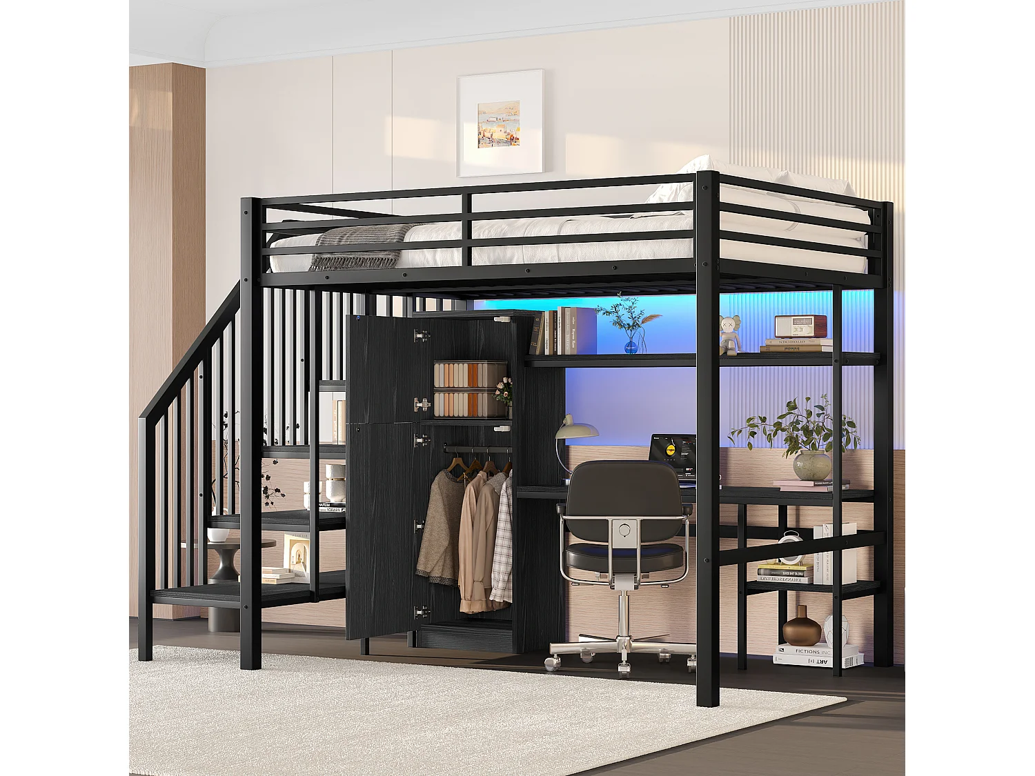 Lit mezzanine en métal - 140 x 200 cm - avec bureau + étagère + penderie + escalier de rangement - MDF + métal - noir