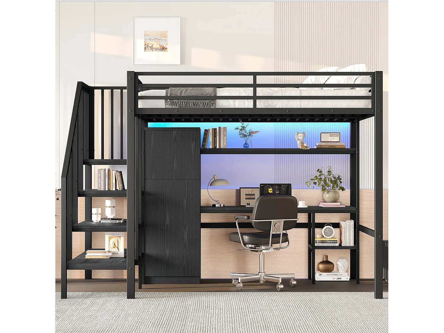 Lit mezzanine en métal - 140 x 200 cm - avec bureau + étagère + penderie + escalier de rangement - MDF + métal - noir