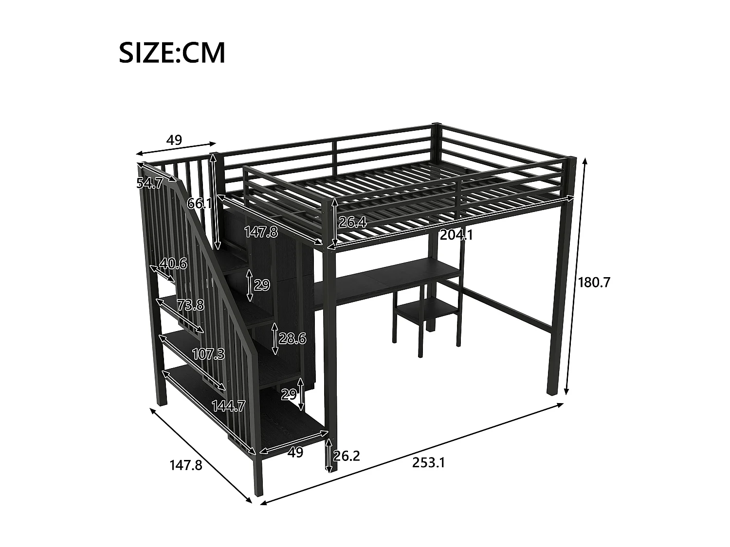 Lit mezzanine en métal - 140 x 200 cm - avec bureau + étagère + penderie + escalier de rangement - MDF + métal - noir