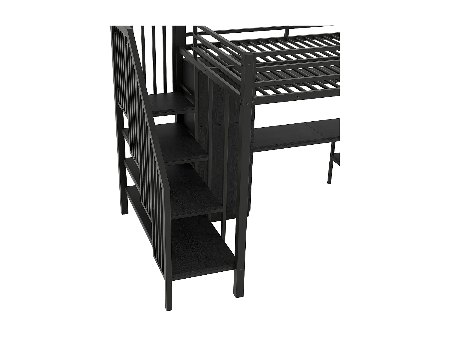 Lit mezzanine en métal - 140 x 200 cm - avec bureau + étagère + penderie + escalier de rangement - MDF + métal - noir