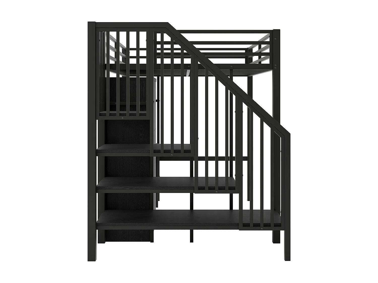 Lit mezzanine en métal - 140 x 200 cm - avec bureau + étagère + penderie + escalier de rangement - MDF + métal - noir