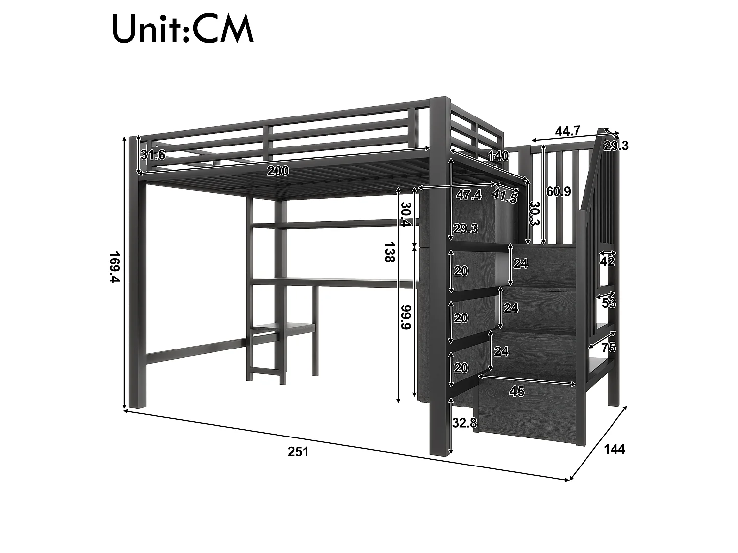 Metal loft bed - 140 x 200 cm - with desk + shelf + wardrobe + storage ladder - MDF + metal - black