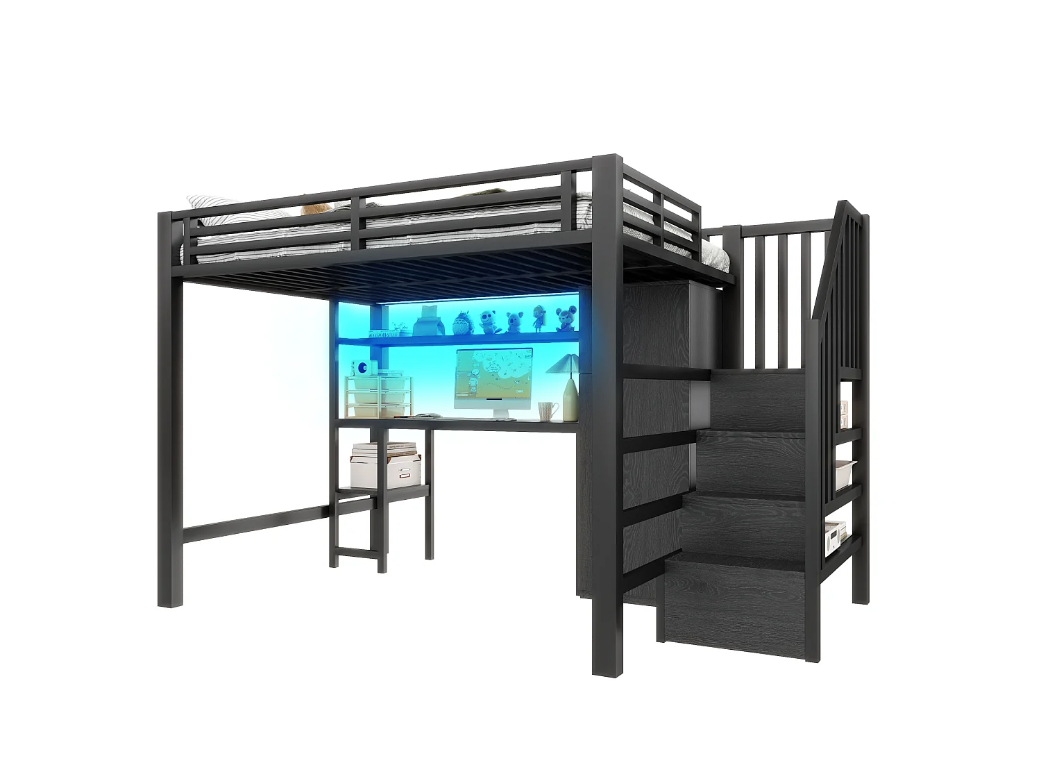 Metal loft bed - 140 x 200 cm - with desk + shelf + wardrobe + storage ladder - MDF + metal - black