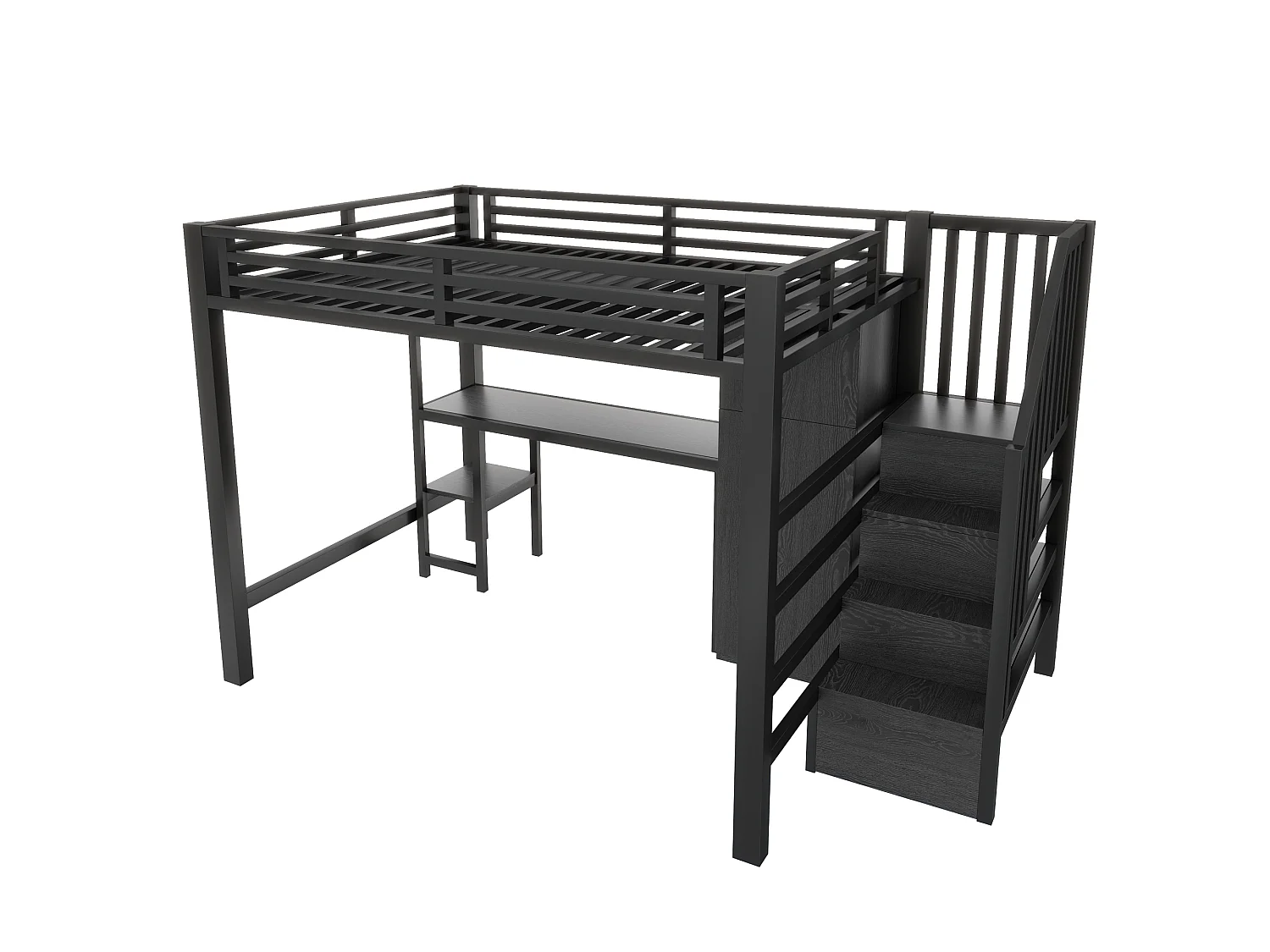 Metal loft bed - 140 x 200 cm - with desk + shelf + wardrobe + storage ladder - MDF + metal - black