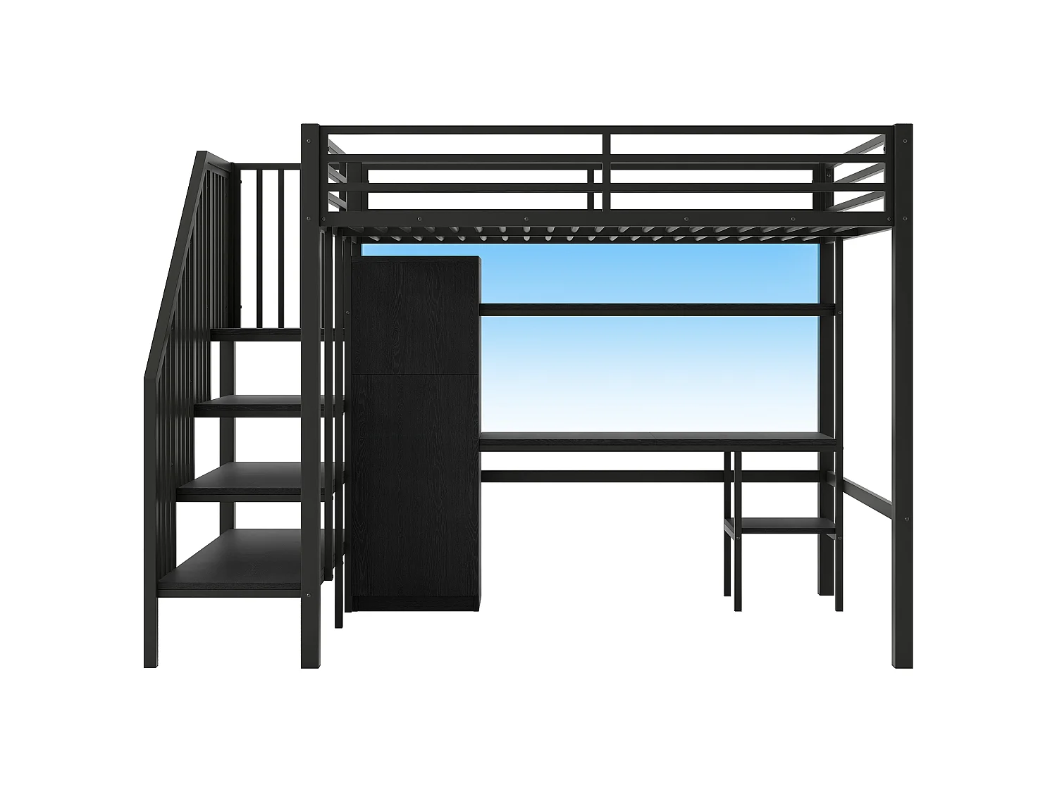 Metal loft bed - 140 x 200 cm - with desk + shelf + wardrobe + storage ladder - MDF + metal - black