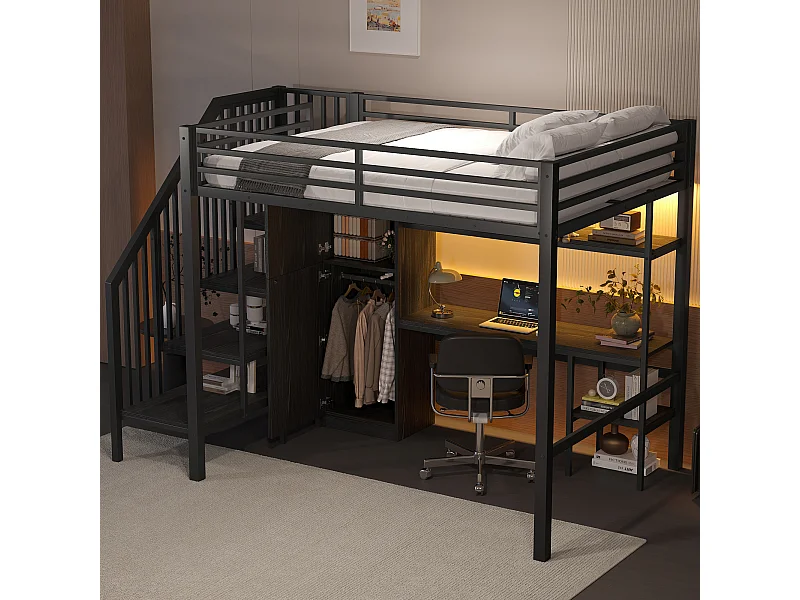 Lit mezzanine en métal - 140 x 200 cm - avec bureau + étagère + penderie + escalier de rangement - MDF + métal - noir