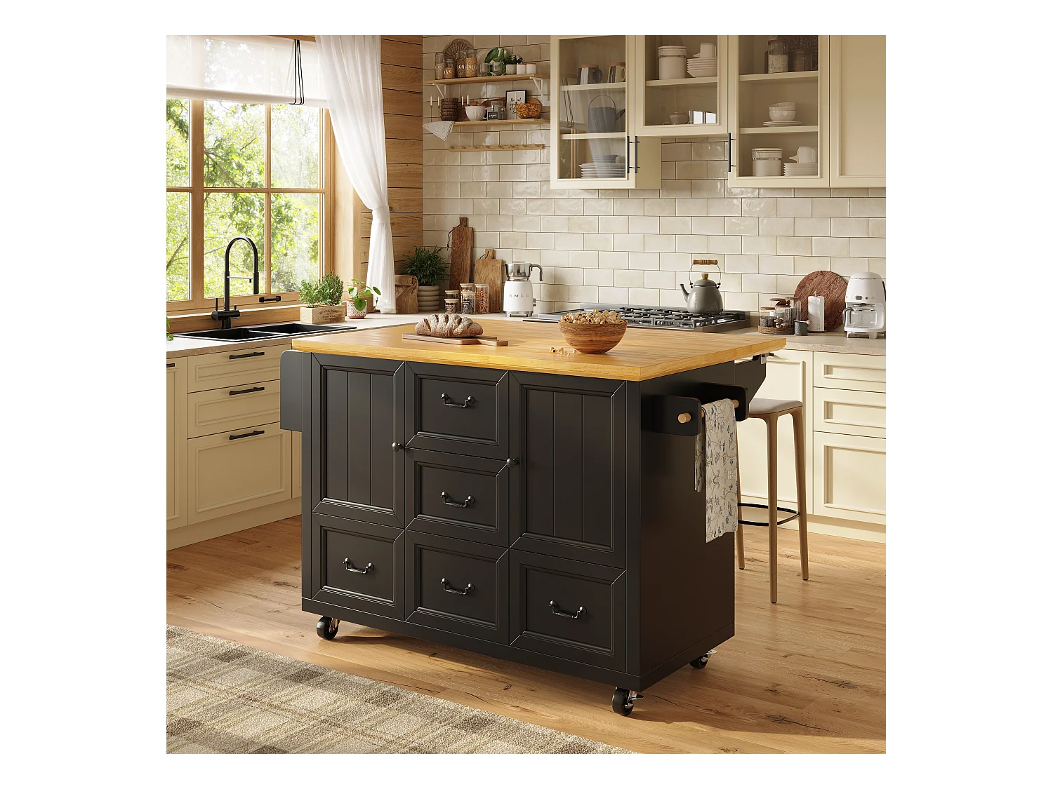 Îlot central extensible à roulettes - 120 x 73(45)x 93 cm - avec étagères + 2 portes + 3 tiroirs - MDF + métal - noir