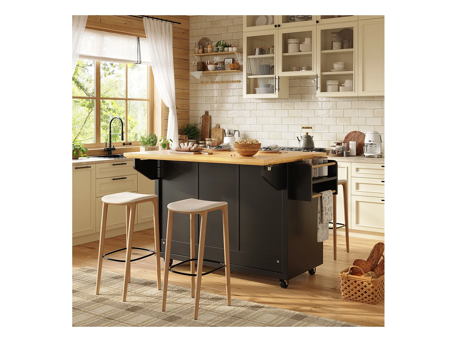 Îlot central extensible à roulettes - 120 x 73(45)x 93 cm - avec étagères + 2 portes + 3 tiroirs - MDF + métal - noir