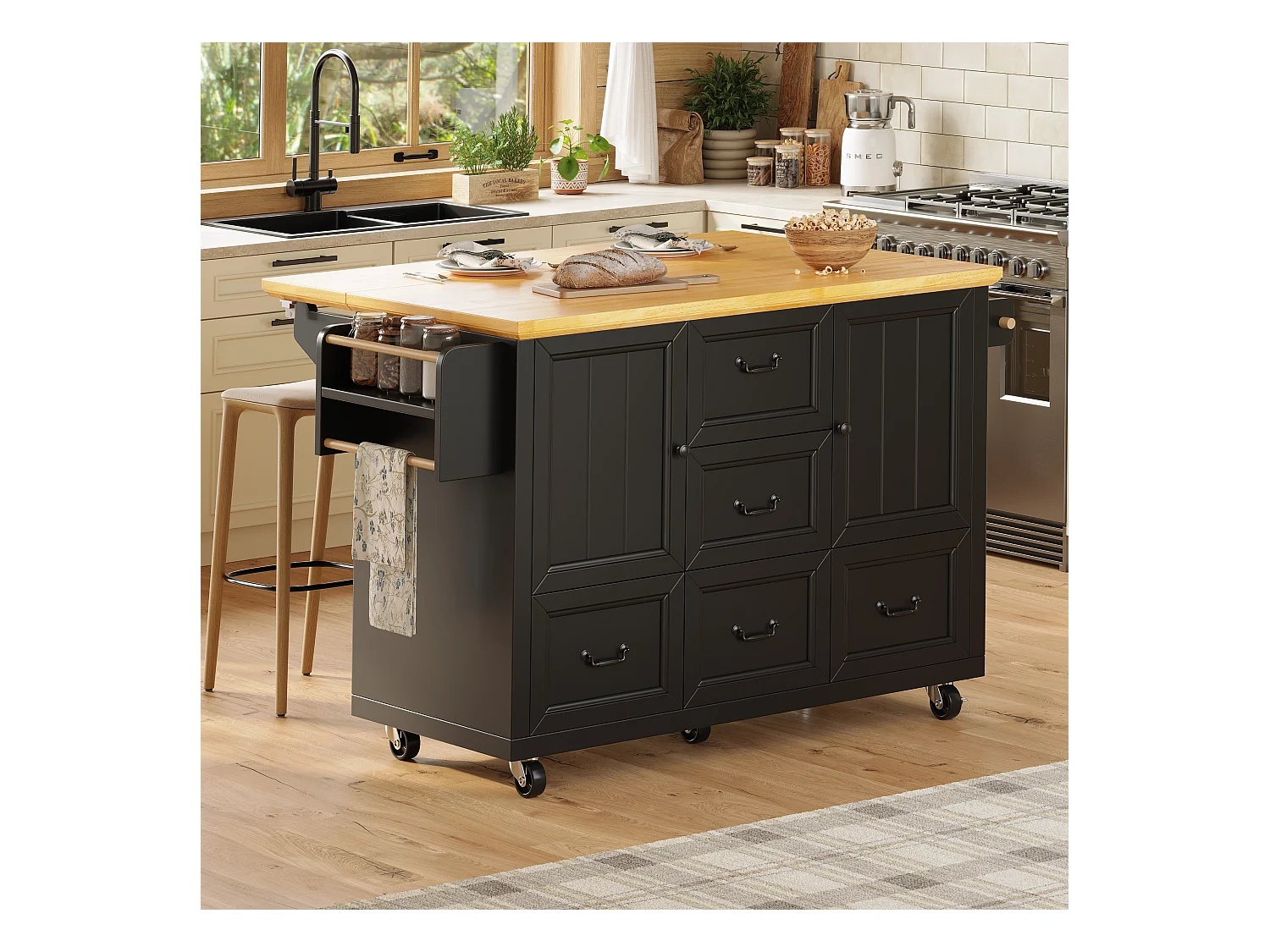 Îlot central extensible à roulettes - 120 x 73(45)x 93 cm - avec étagères + 2 portes + 3 tiroirs - MDF + métal - noir