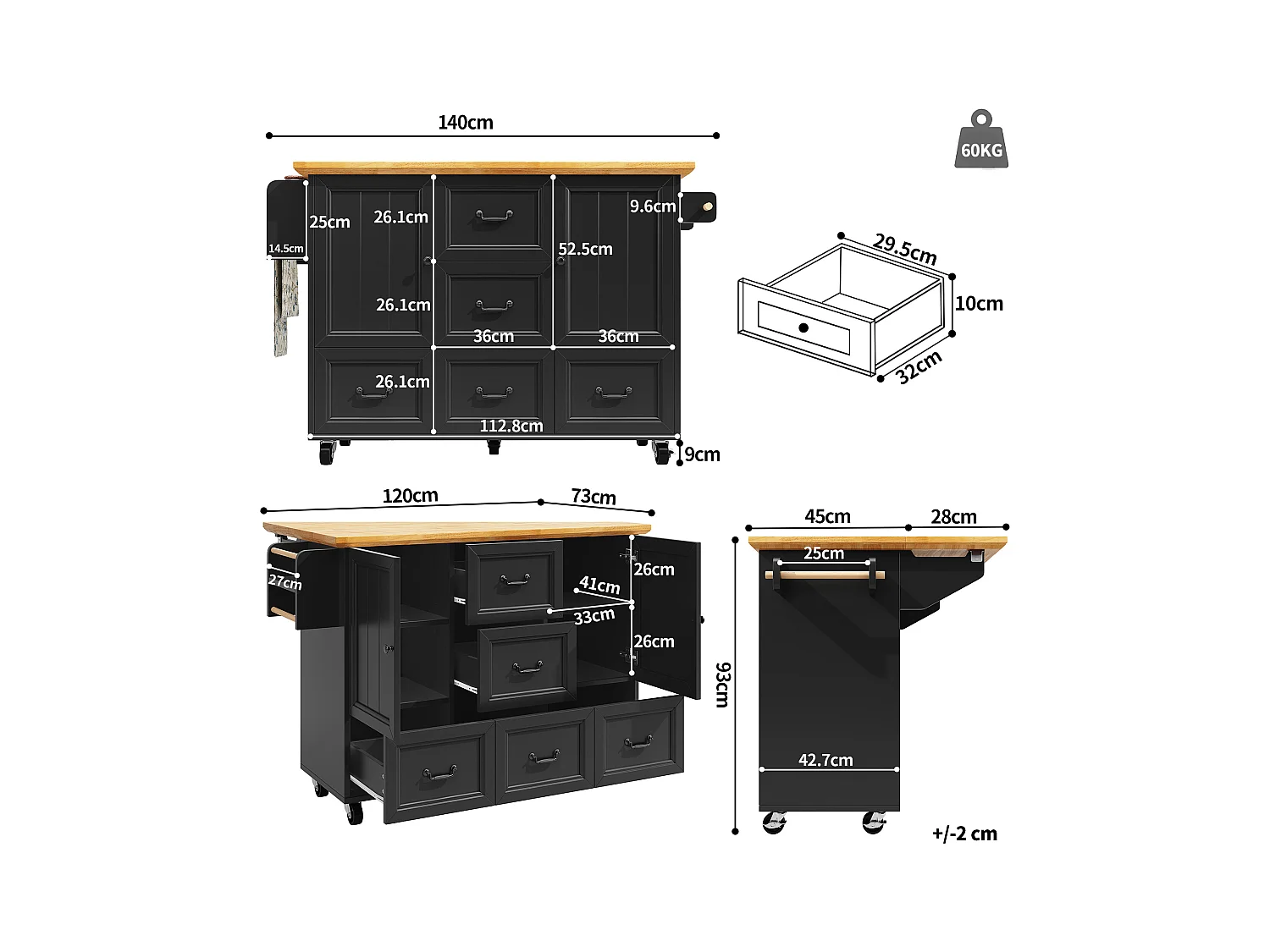 Îlot central extensible à roulettes - 120 x 73(45)x 93 cm - avec étagères + 2 portes + 3 tiroirs - MDF + métal - noir
