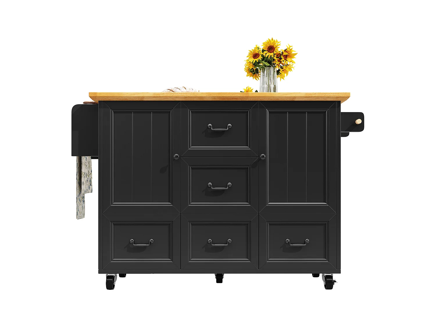 Îlot central extensible à roulettes - 120 x 73(45)x 93 cm - avec étagères + 2 portes + 3 tiroirs - MDF + métal - noir